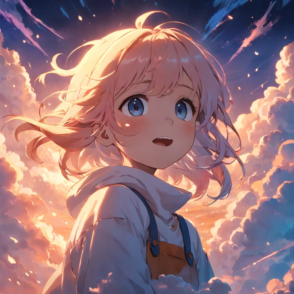masterpiece, best quality, movie still, 1girl, cloud girl, floating in the sky, close-up, bright, happy, warm soft lighting, sunset, (sparks:0.7)