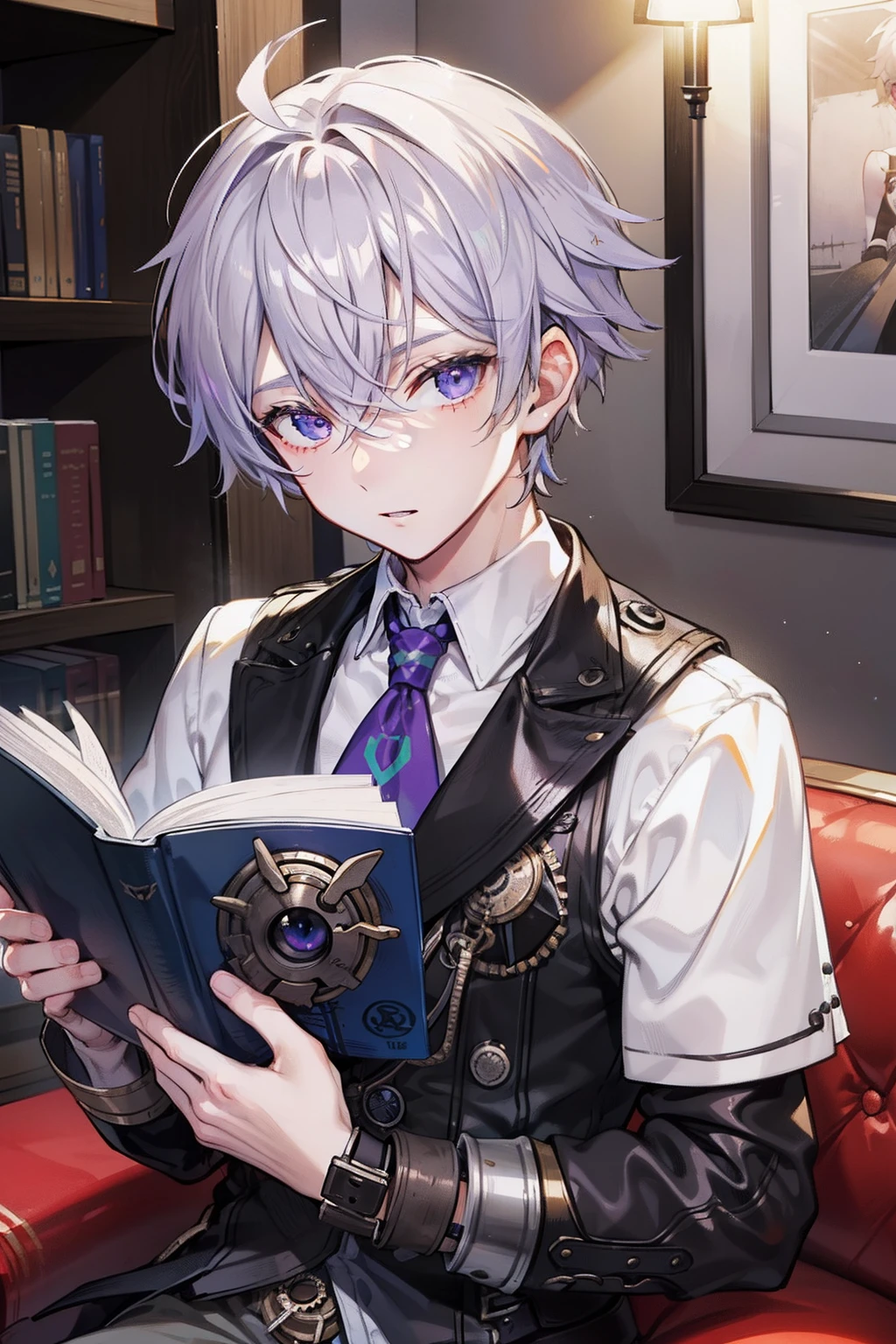 male people twinks {{ember}} office steampunc read a book silber hair Right eye purple Left eye green
