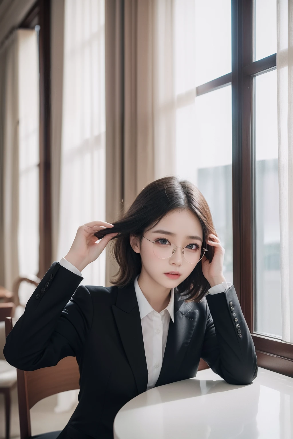 masterpiece、8K、Raw photography、(reallistic:1.4)、High-definition mouth、The eyes are high definition、Shiny skin、big eye、Round face,Double eyes、Puffy eyes、Medium-breasted women, (Bob Hair:1.4)、Medium hair、half-opened mouth、Provocative facial expressions、One lady、20yr old, selfee、sad Facial expression、Bold and obscene poses、huge window、sitting on、Hands behind the head、The upper part of the body、Woman with glasses、Lace curtains blowing in the wind、Woman in suit、Formal