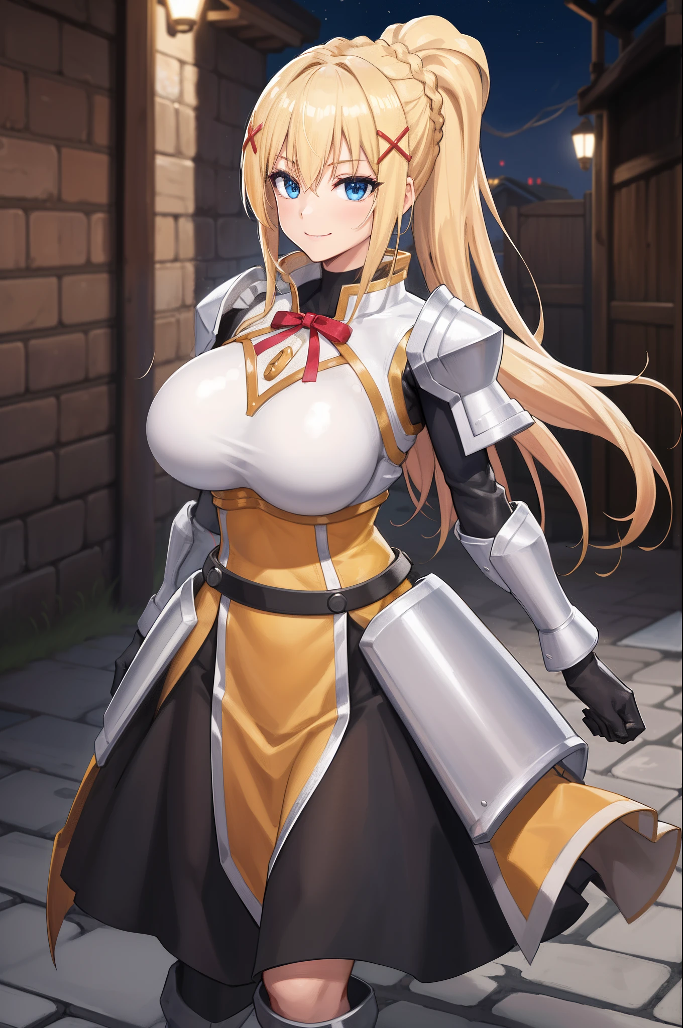 best quality, highres, 1girl, long hair, blonde hair, x hair ornament, armor, blue eyes, ponytail, hair ornament, gloves, shoulder armor, braid, black gloves, pauldrons, white boots, darkness \(konosuba\), ((large breasts)), ((huge breasts)), cowboy shot, dark and lonely city alley , smile,