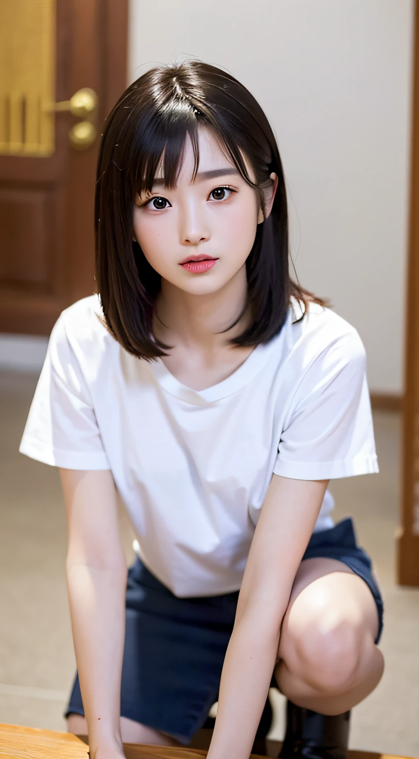 ((Best Quality, 8k, Masterpiece: 1.3)), 1 beautiful woman, front, from waist up, detailed eyes, big eyes, black eyes, fair skin, slender, black hair color, short hair, wet hair, wet skin, background is a hotel room with night view, rain outside the window, water droplets on the window, swollen eyes, sexy, clothes are pure white T-shirt, night, straight hair, bangs, Japanese, Asian beautiful woman, beautiful skin, slender, black hair, short hair, wet hair, skin is wet, background is a hotel room with night view, rain is falling outside the window, window is Water droplets on the window, swollen eyes, sad expression, sexy, wearing bright white T-shirt, night, straight hair, bangs, Japanese, beautiful Asian woman,