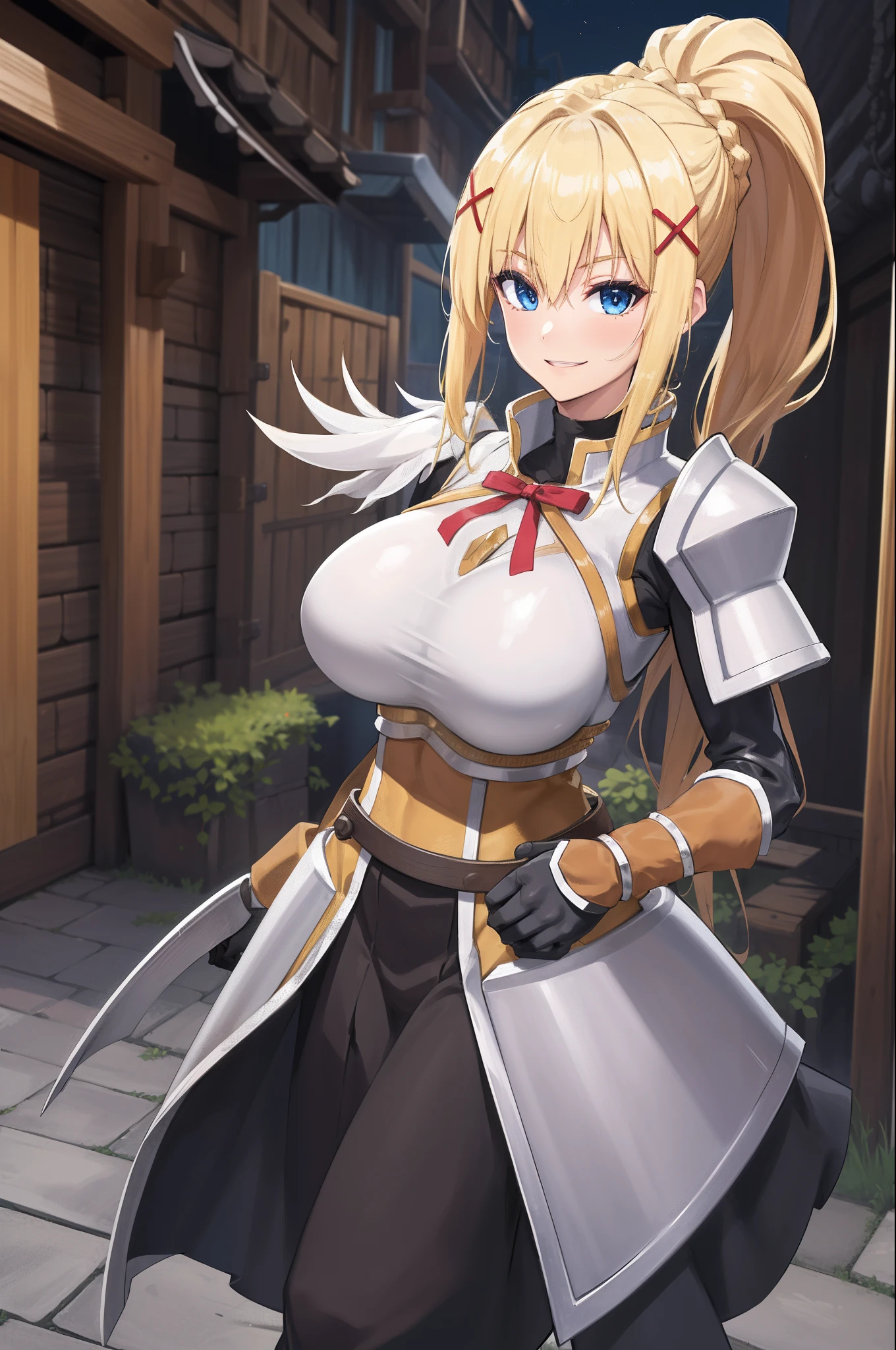 best quality, highres, 1girl, long hair, blonde hair, x hair ornament, armor, blue eyes, ponytail, hair ornament, gloves, shoulder armor, braid, black gloves, pauldrons, white boots, darkness \(konosuba\), large breasts, cowboy shot, village, outdoors, (excited:1.2), blush, closed mouth, (micro bikini:1.4),