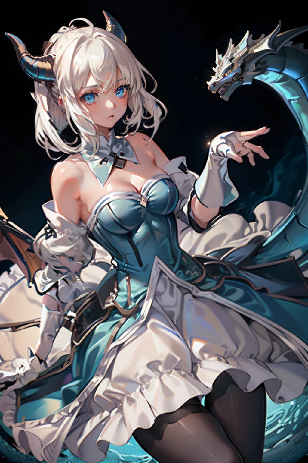 masterpiece,best quality, masterpiece, high detail,detailed face,detailed eyes,rendered eyes,perfect eyes,hip lines,ambient occlusion,crisp image,detailed,amazing,8k,8k wallpaper,8k background,high detailed skin,high res,((((cowboy shot)))),(small breasts) ((1dragon girl,solo)), ((((white hair)))) ,ahoge,ponytail,(((blue horns))),blue eyes,ArtoriaLily,LiSt1 armored detached_sleeves gauntlets bare_shoulders,long skirt ((((Big Thighs with black Pantyhose)))), ((((Blue Dragon Tail)))