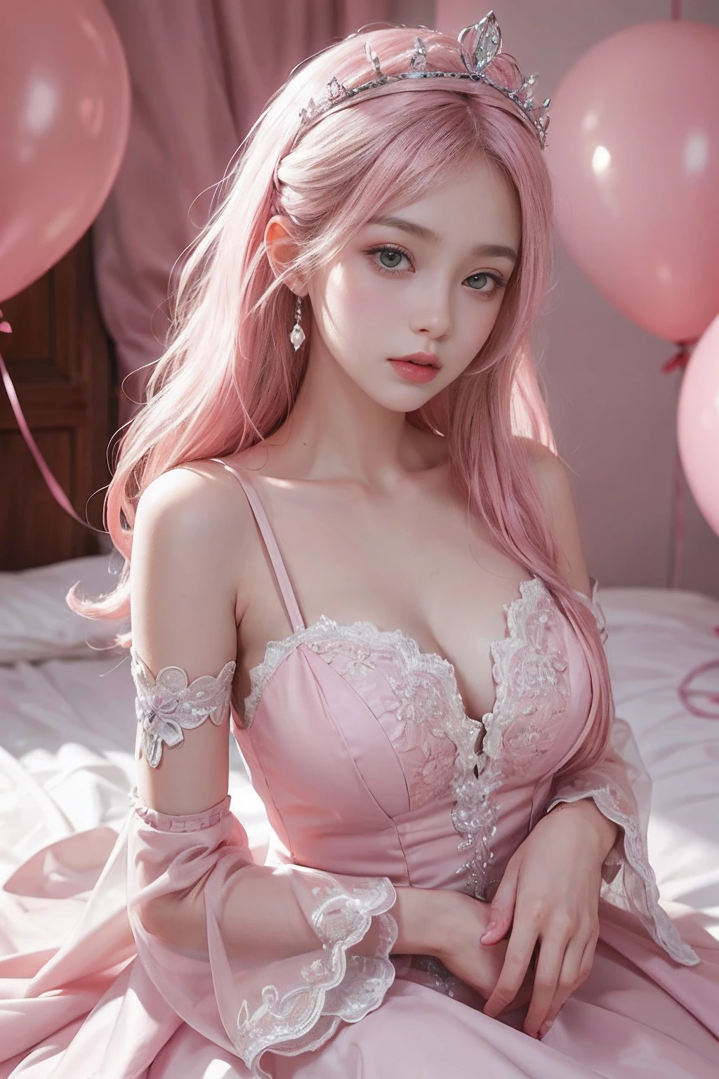 Top Quality, Masterpiece, Most of the Body, (Bunny Girl Costume), Lingerie, French Maid), 1 girl, , Long hair, twin tails, pink hair, pale pink lips, calm, intellectual, purple eyes, fine face, face up, bright colored clothes, beautiful face, photorealistic, rim lighting, two-tone lighting, (high definition skin: 1.2), 8K UHD, DSLR, Soft lighting, High quality, Photo, High Resolution, 4K, 8K, Bokeh, Off Shoulder, Big, Skin Exposure, Pants, Breasts, Kneeling, Breasts Protruding