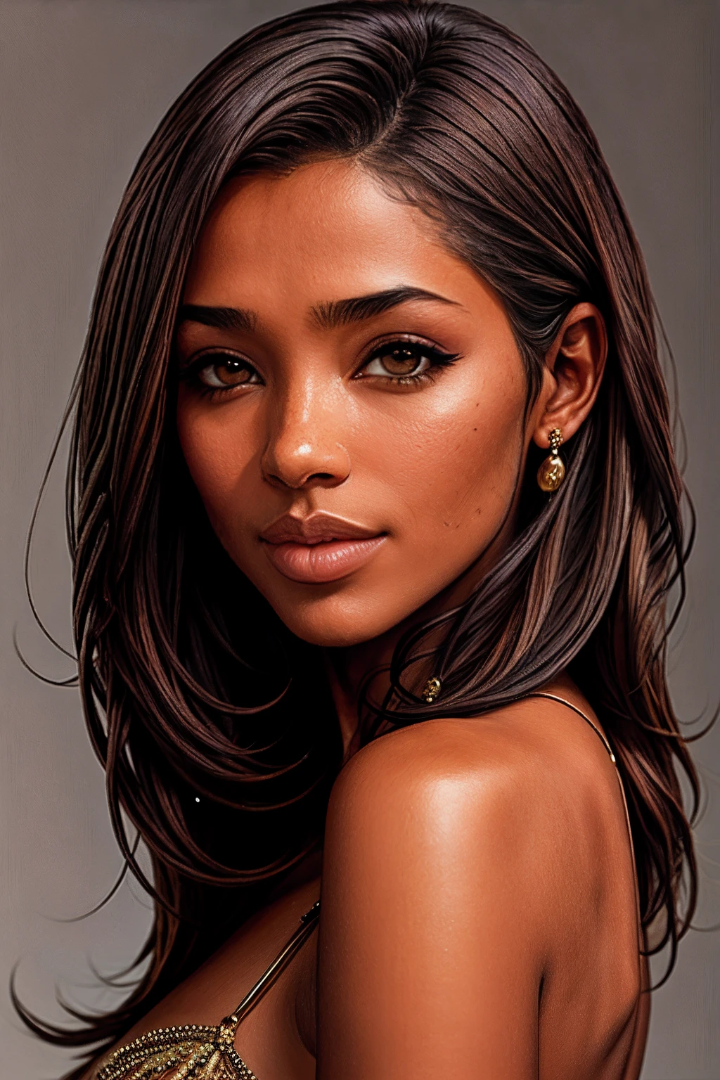 best quality, ultra high res, (photorealistic:1.4), masterpiece, 1girl, brown skin color, brown_eyes, from_behind, fur_trim, hair_over_one_eye, lips, long_hair, make up, looking_at_viewer, looking_back, nose, photo_\(medium\), photorealistic, realistic, solo, teeth, upper_body