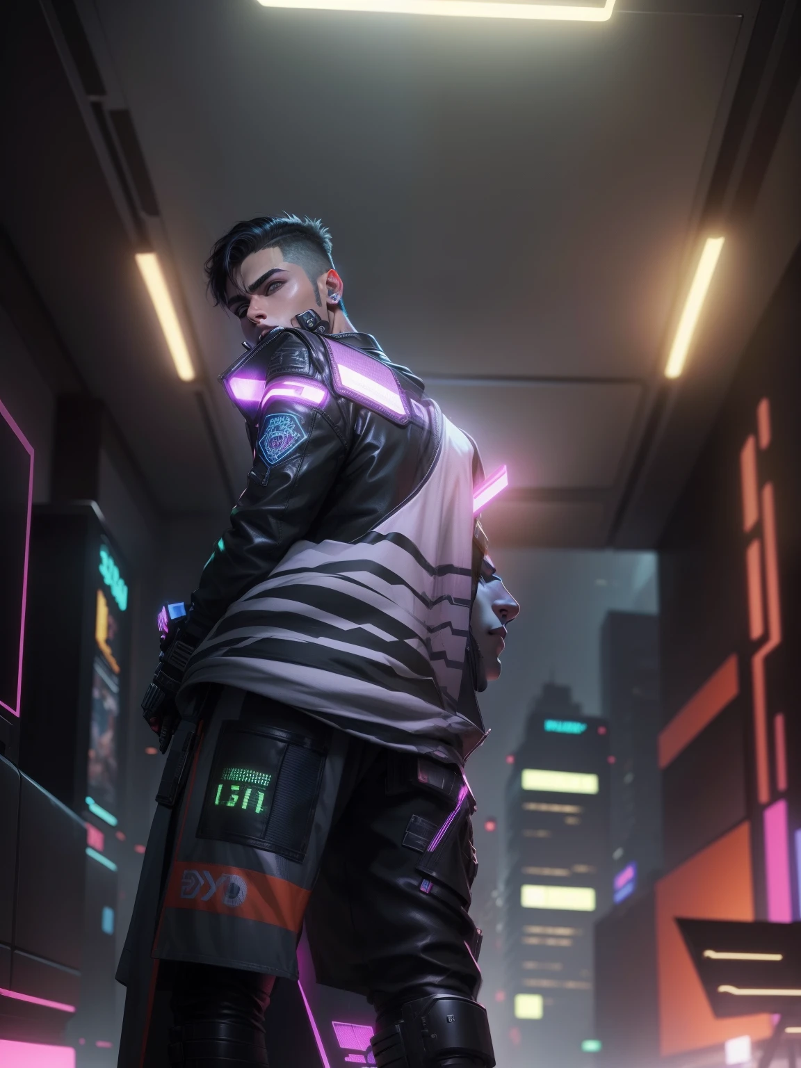 Change background cyberpunk handsome boy, realistic face, 8k, ultra realistic, cute  boy, 
Real face, neon, cartoon,
