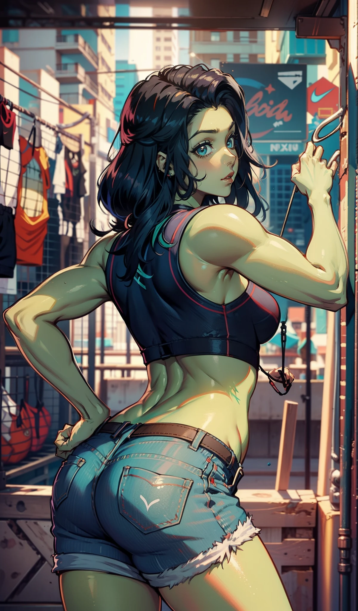 She-Hulk, muito sensual, com roupas de funkeira Lacoste, Oakley Juliet, brasileira, na cidade do rio de janeiro, Brasil, dancing funk, rebolando, bunda grande, pernas grossas, usando um short jeans extremamente curto, showing a piece of ass, Micro Short Curto,  usando uma mini blusa, umbigo com pirsing, sneakers Nike, cabelo comprido, caixa de som  JBL no fundo, favela no fundo, periferia no fundo, corpo inteiro, muito realista, extremamente Realista, extremamente sexy, 8k, 8k extremamente detalhado), (um extremamente delicado e bonito), (obra-prima), (melhor qualidade: 1.0), (ultra highres:1.0)