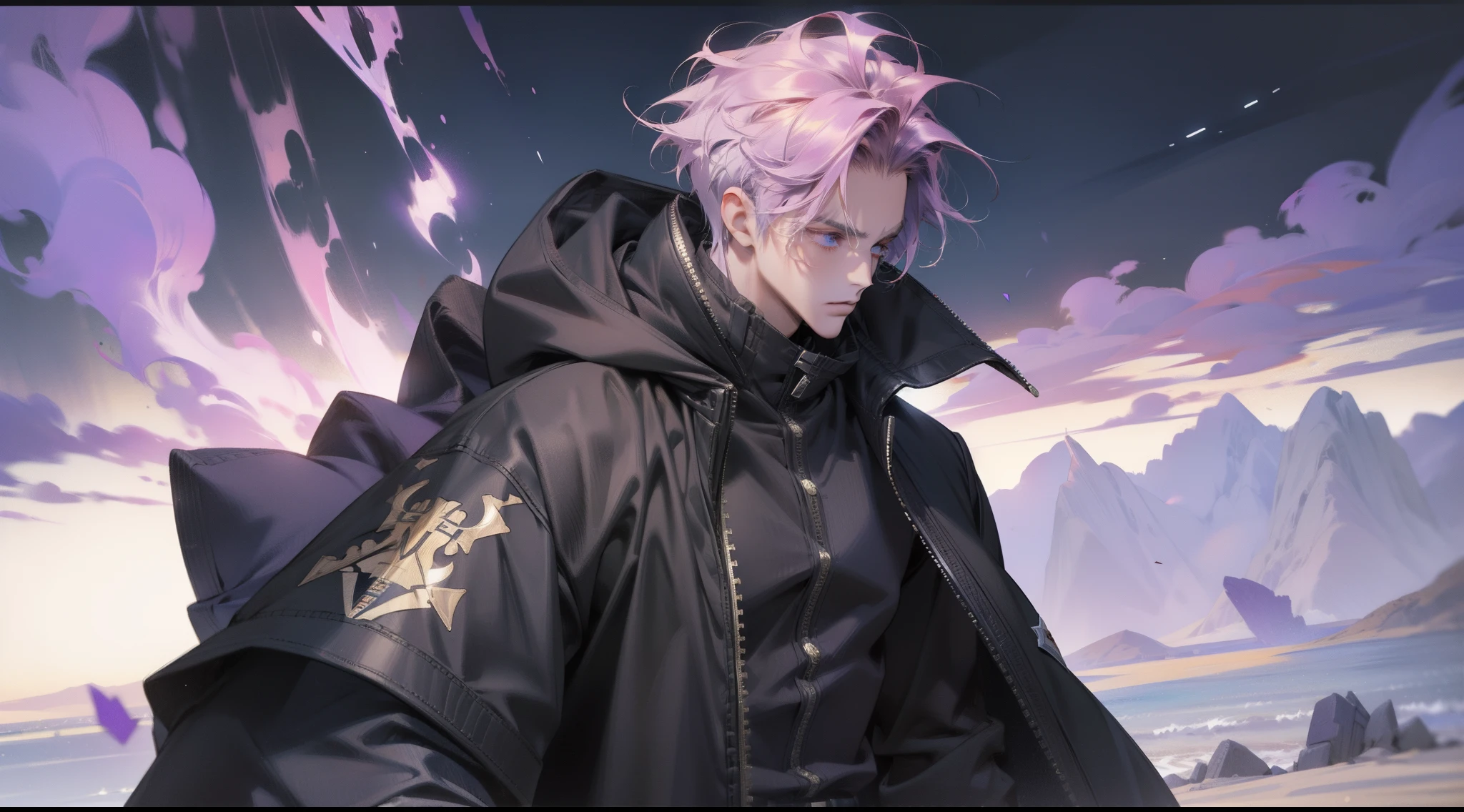 {{{{ masterpiece }}}},{{{{ 4K }}}},{{{{ badass anime 8 k }}}}, {{{{{{{{ purple Curly Top with Etched Side hair }}}}}}}}, {{{{{{{{ black hoodie oversize }}}}}}}}, (( short jean ))