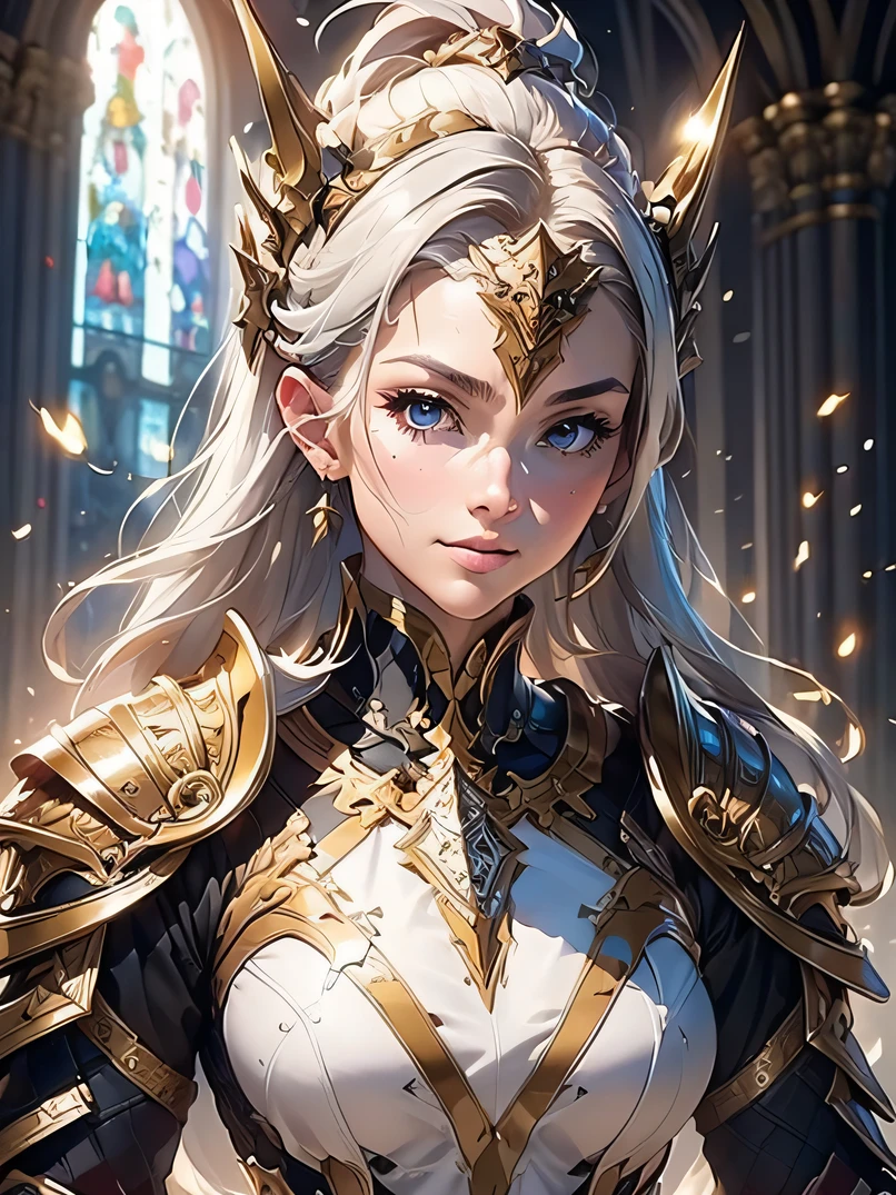 (masterpiece、top-quality、raw、analog style)、foco nítido、Stunning portrait of a beautiful woman、Full body like、short blonde hair、((highlydetailed skin、Skin Details))、Perfect physique、Knight's armor with intricate patterns、full armor、full face helmet、Church Square at sunset、holding swords、eye brows up、Sharp eyes、ighly detailed、battle posture、Detailed hand depiction、Detailed chest depiction、Frontal lighting