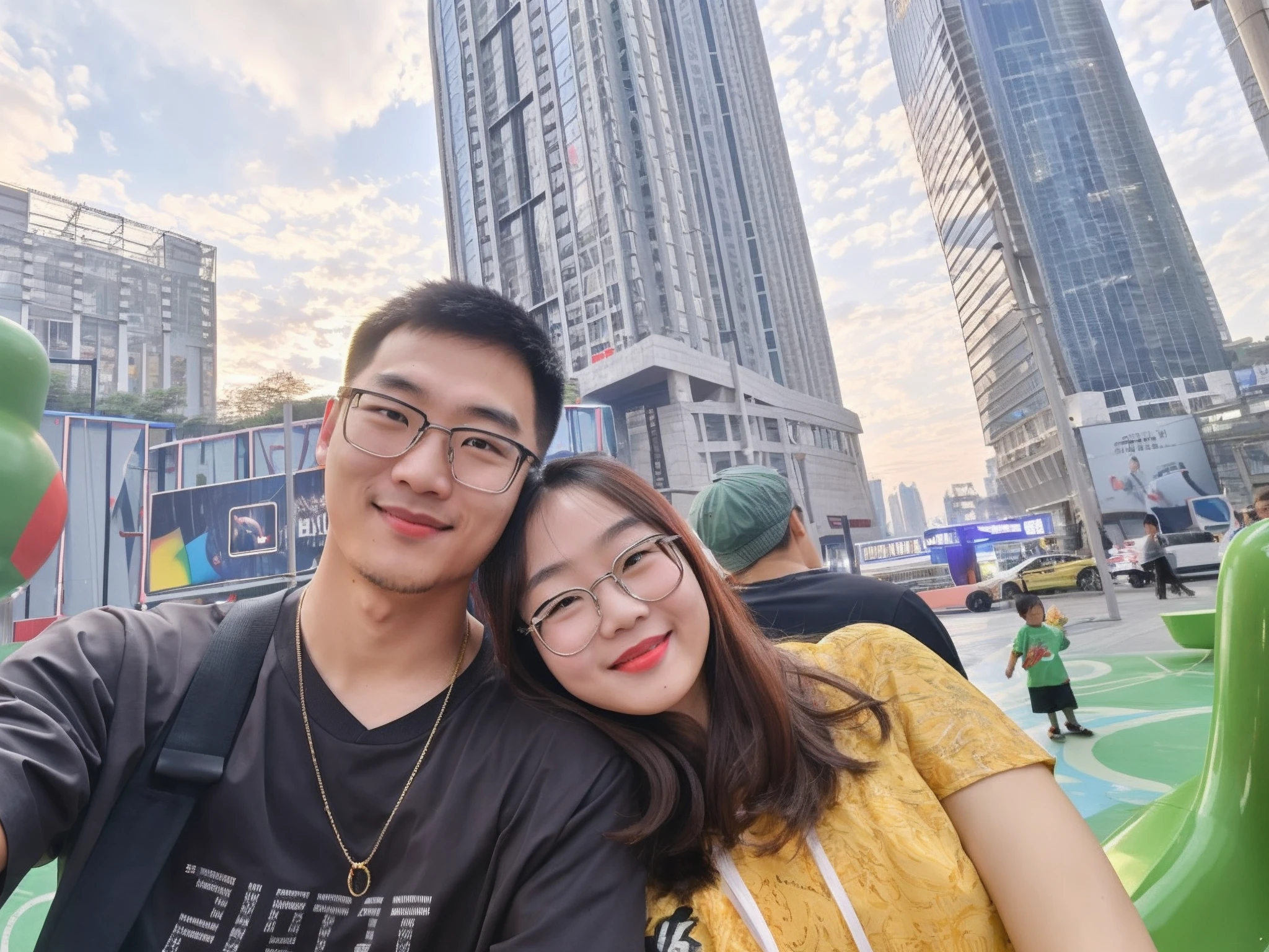 They are taking a selfie in front of a big city, 8k selfie photograph, Skyscrapers in the background，Between the skyscrapers are red clouds of fire, Ruan Jia and Fenghua Zhong, in city street, in front of a sci fi cityscape, in a city square, standing in a city center, photograph taken in 2 0 2 0, with tall glass skyscrapers，A boy and a girl with a happy smile，Skin Bai Zhe，Redlip，Eyebrow show