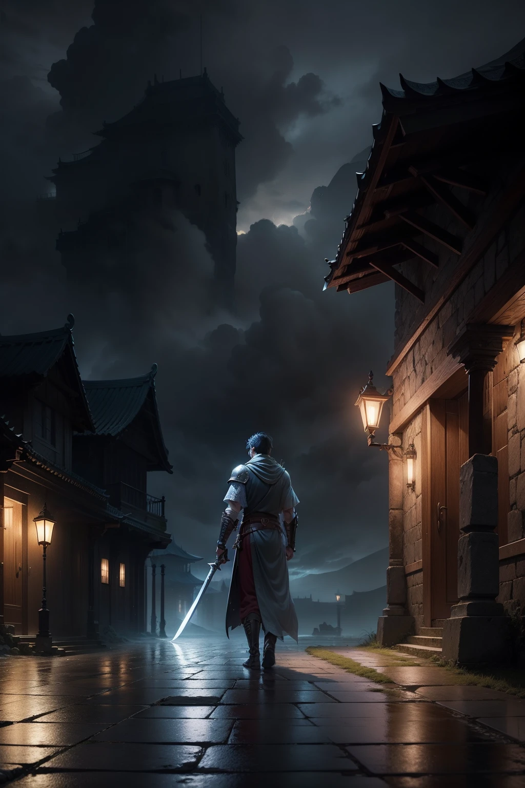 Ancient building rainy night stone road single point perspective male swordsman back