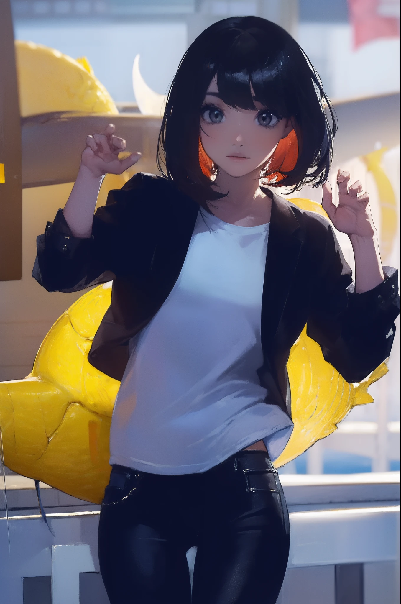 ((((catching a big fish by the lakeside:1.5)))),((Female 28 years old)),((Best Quality:1.5)),(((Hands with the correct number and structure of fingers:1.4))),((Big fish:1.37)),hight resolution,ultra-detailliert,masterpiece,best qualtiy,(Eight-headed body),Black hair, long eyes-lashes, Solid Circle Eyes, drop shadow, Atmospheric perspective,Super Detail, ccurate, small brest,(Black jacket and black jeans :1.1),top-quality, blurry backround, bokeh dof:1.2, (masterpiece:1.3), Atmospheric perspective,Super Detail,dynamic compositions,
