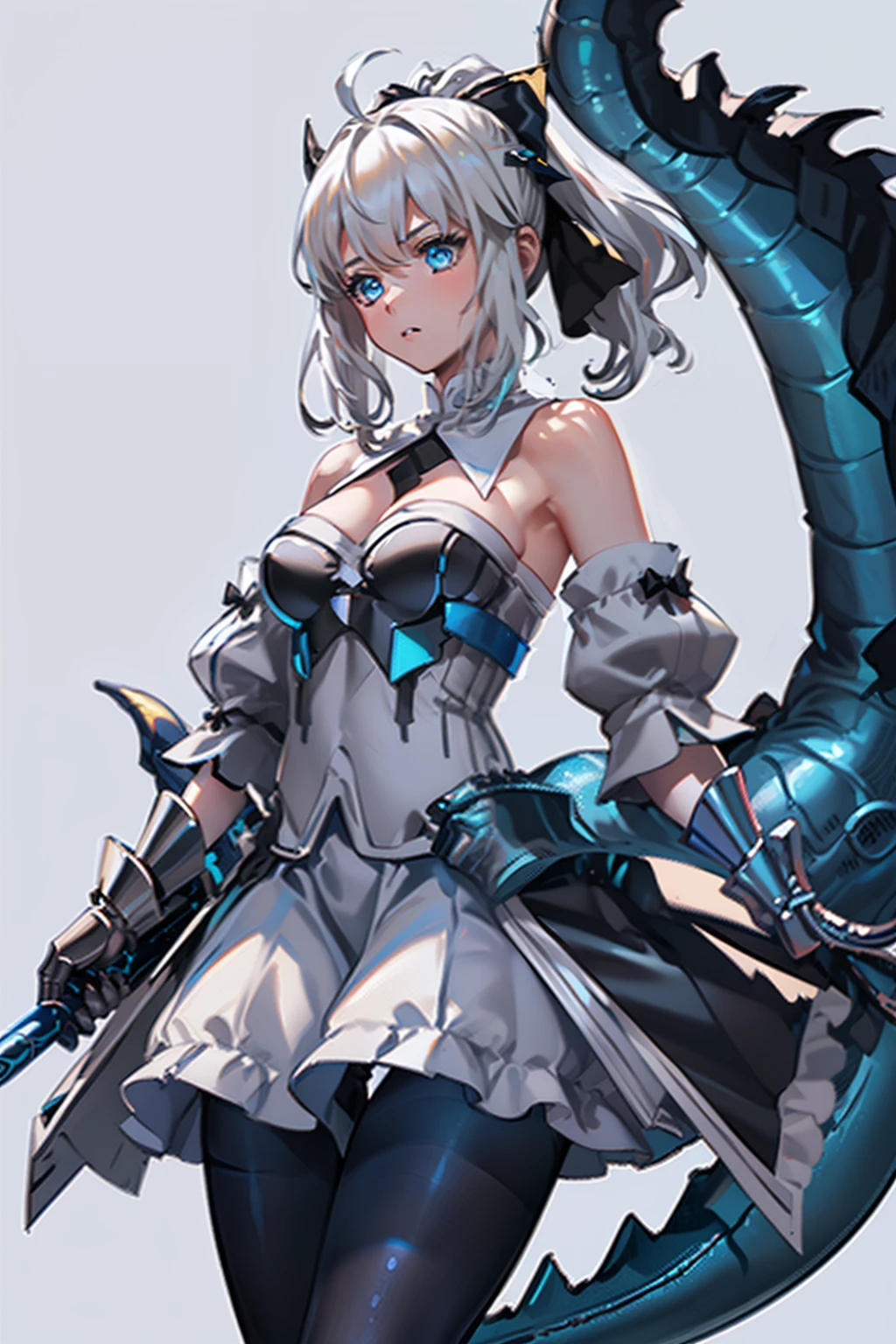 masterpiece,best quality, masterpiece, high detail,detailed face,detailed eyes,rendered eyes,perfect eyes,hip lines,ambient occlusion,crisp image,detailed,amazing,8k,8k wallpaper,8k background,high detailed skin,high res,((((cowboy shot)))),(small breasts) ((1dragon girl,solo)), ((((white hair)))) ,ahoge,ponytail,(((blue horns))),blue eyes,ArtoriaLily,LiSt1 armored detached_sleeves gauntlets bare_shoulders,long skirt ((((Big Thighs with black Pantyhose)))), ((((Blue Dragon Tail)))