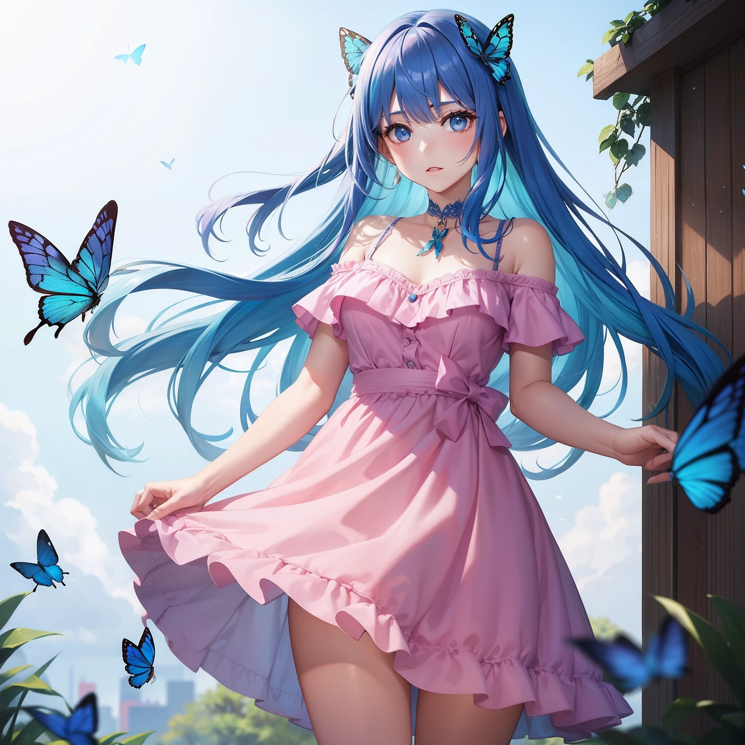 a women, blue butterfly, blue hair, pink eyes, pink dress