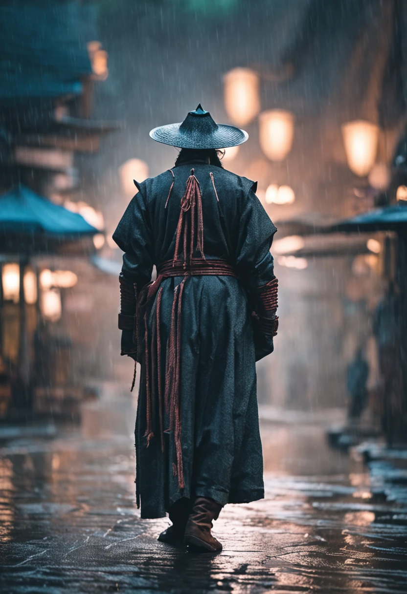 The back of a male swordsman on the stone road of the capital on a rainy night in ancient costume