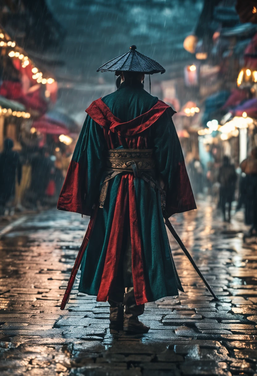 A man in a green and red robe and hat walking down a street - SeaArt AI