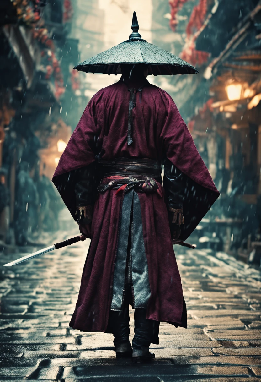 The back of a male swordsman on the stone road of the capital on a rainy night in ancient costume