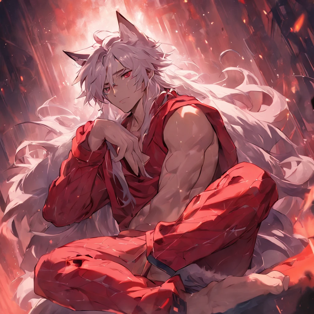 By bebebebebe, by spuydjeks, by buta99, by spikedmauler. muscular human male with long white hair, has wolf ears, has wolf tail, shirtless, wearing red plaid pajama pants, relaxing in bed