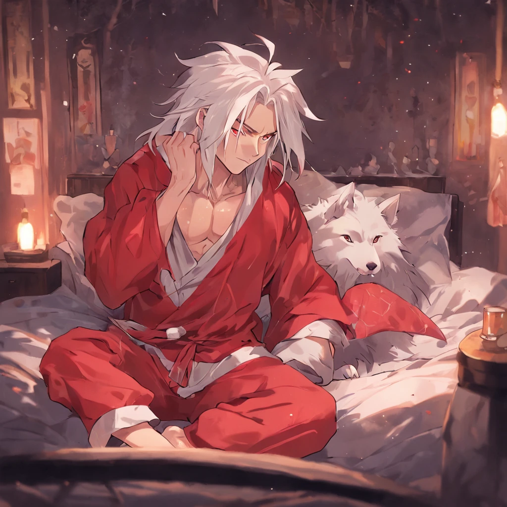 By bebebebebe, by spuydjeks, by buta99, by spikedmauler. muscular human male with long white hair, has wolf ears, has wolf tail, shirtless, wearing red plaid pajama pants, relaxing in bed