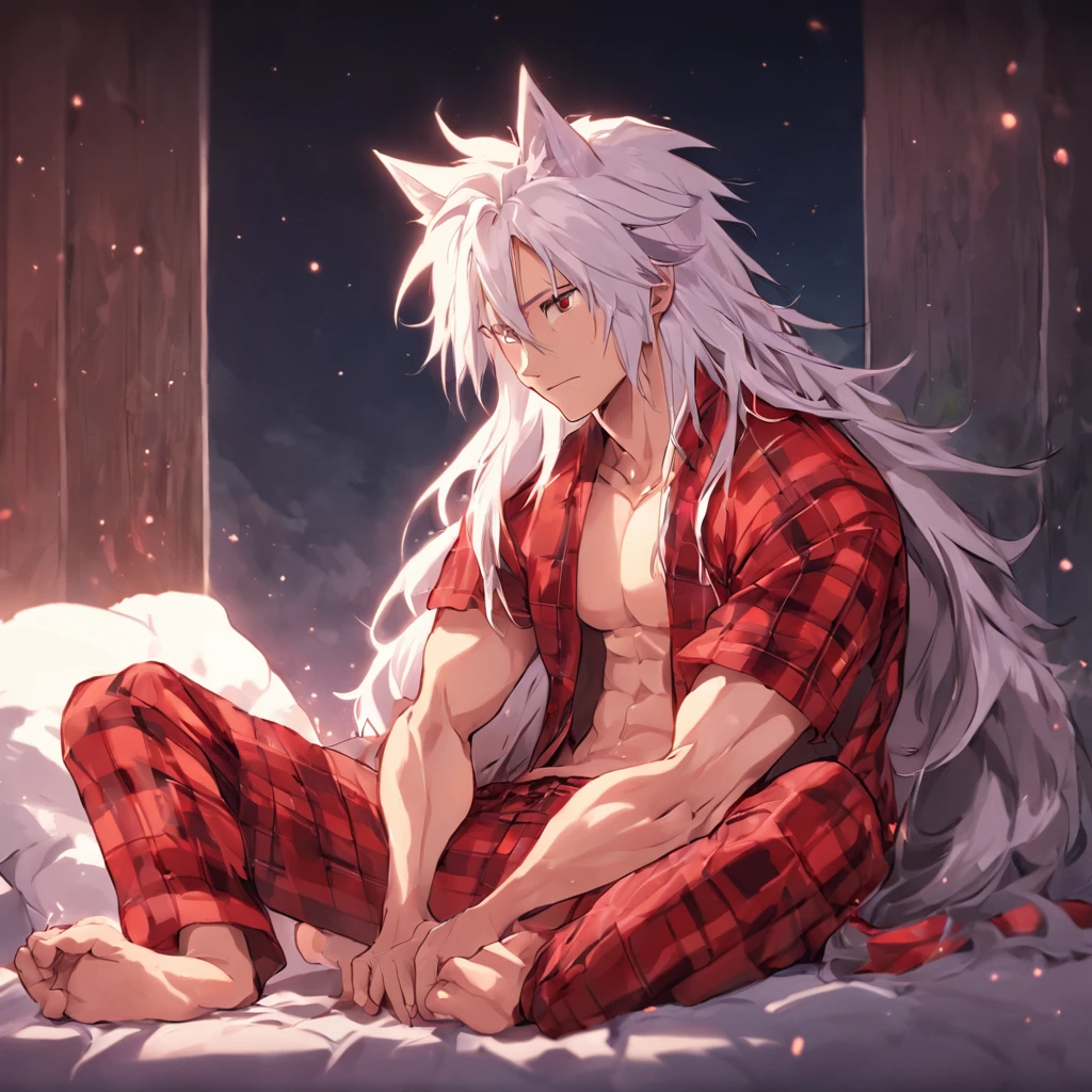 By bebebebebe, by spuydjeks, by buta99, by spikedmauler. muscular human male with long white hair, has wolf ears, has wolf tail, shirtless, wearing red plaid pajama pants, relaxing in bed