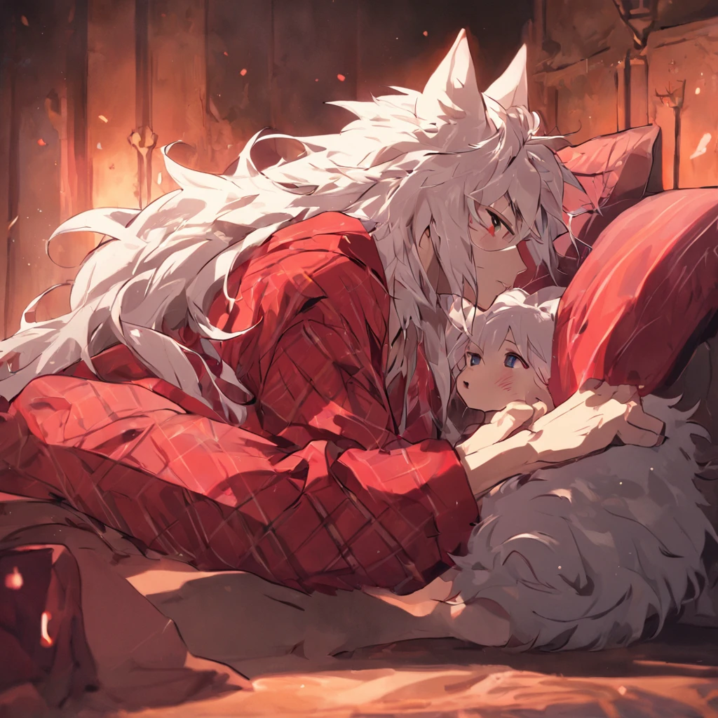 By bebebebebe, by spuydjeks, by buta99, by spikedmauler. muscular human male with long white hair, has wolf ears, has wolf tail, shirtless, wearing red plaid pajama pants, relaxing in bed