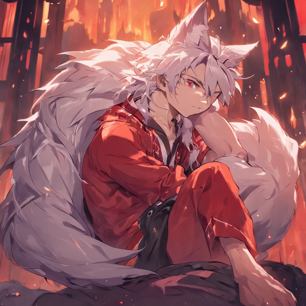 By bebebebebe, by spuydjeks, by buta99, by spikedmauler. muscular human male with long white hair, has wolf ears, has wolf tail, shirtless, wearing red plaid pajama pants, relaxing in bed