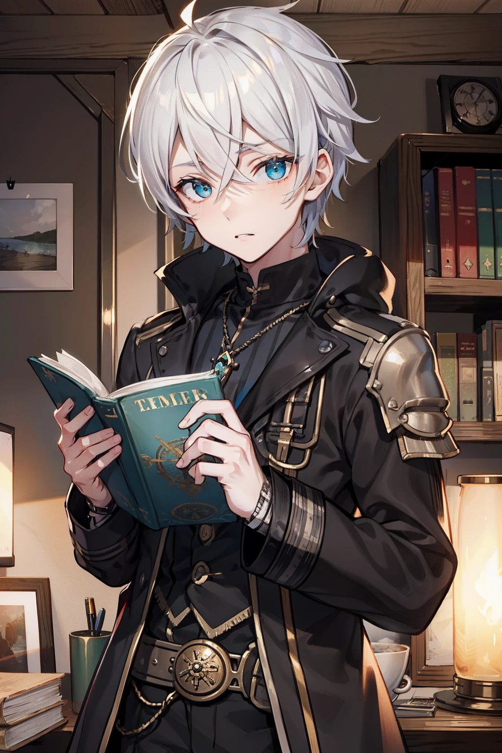 male people twinks {{ember}} Office steampunc read a book silber hair Eyes are green