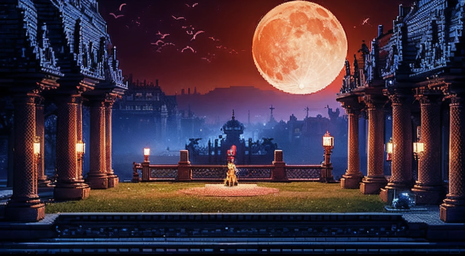 pixel game,scenography,fantastical scenes,Bloody moonlit night,Red Moon,Vampires,the bats,levitating, Pixel art #pixelart