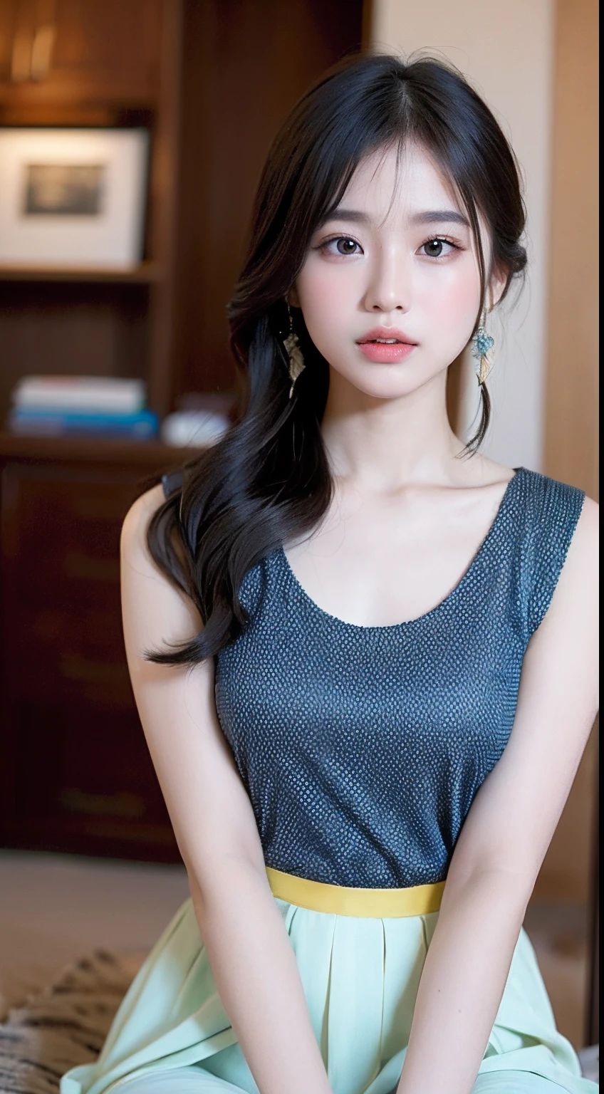 (yinchuan:1.5), a closeup, masterpiece, top-quality, Raw foto, Photorealsitic, Colossal tits、beautiful countenance, Girl with soft smile, cute little, Tank tops、Ultra mini skirt、Beautiful long legs、Depth of field for medium hair, hight resolution, ultra-detailliert, finely detail, ighly detailed, extremely detailed eye and face, Sharp pupils, Realistic pupils,