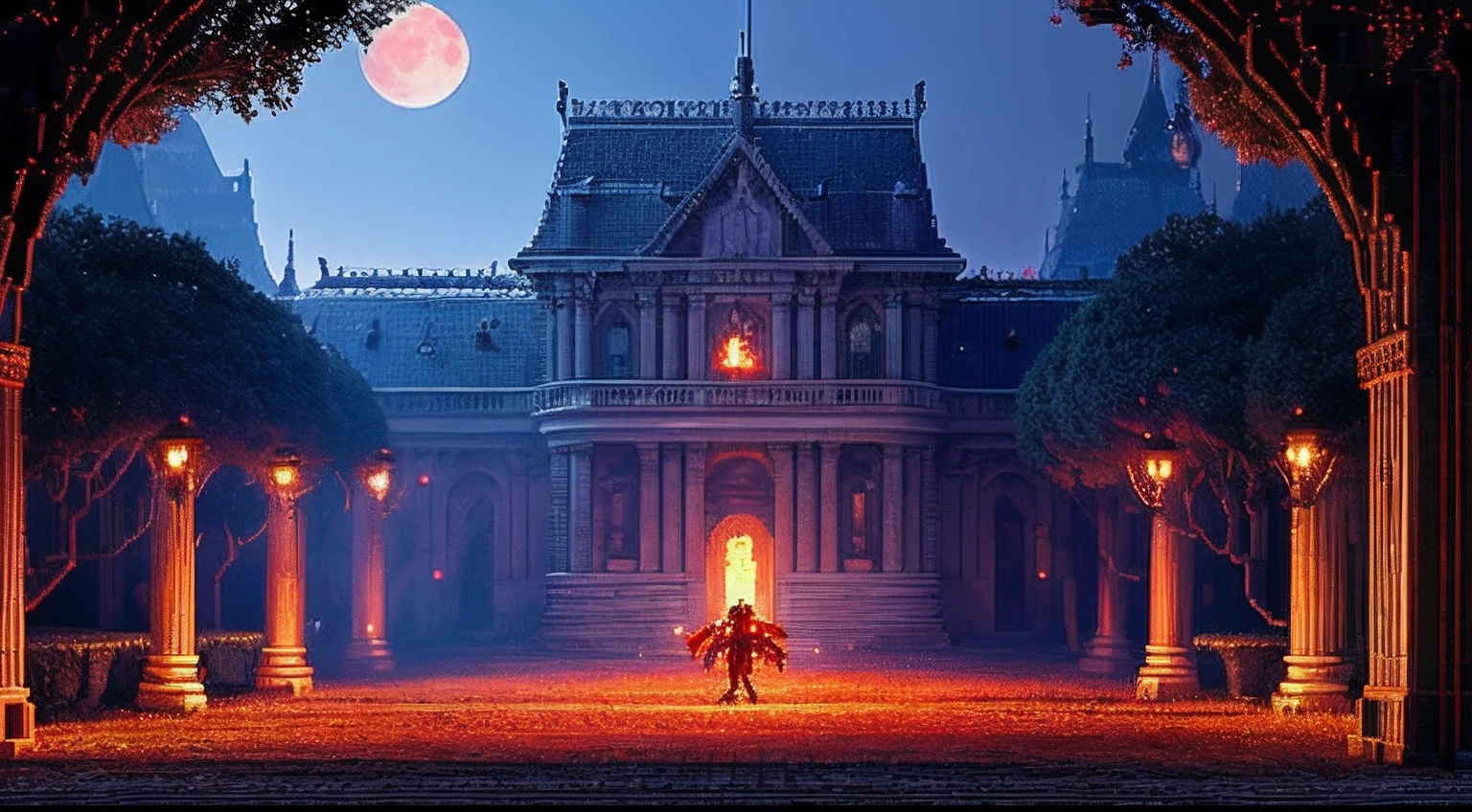pixel game,scenography,fantastical scenes,Bloody moonlit night,Red Moon,Vampires,the bats,levitating, Pixel art #pixelart