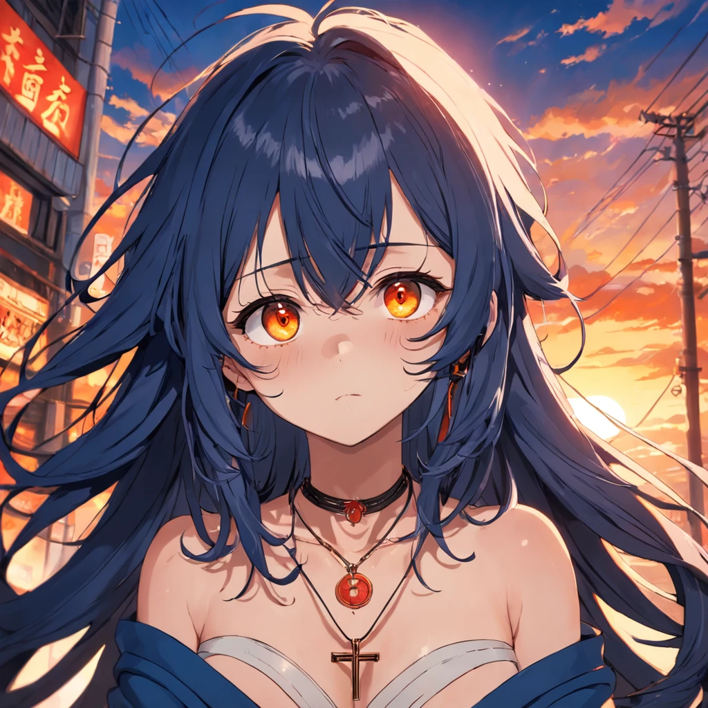 Male golden eyes,Long dark blue curly hair,cross necklace,Sweaters,耳Nipple Ring,red tattoo,the setting sun,Roof,Torii tear mole