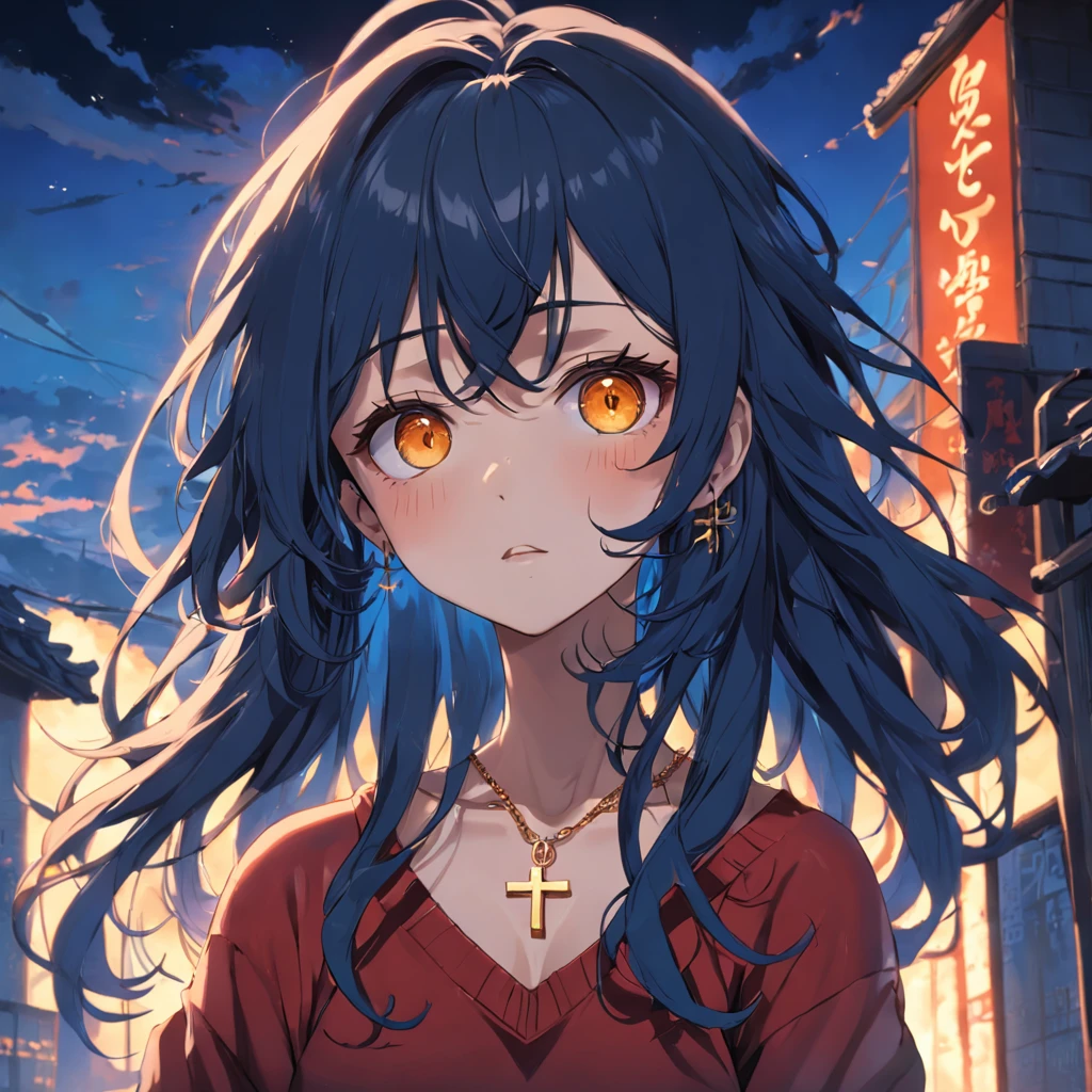 Male golden eyes,Long dark blue curly hair,cross necklace,Sweaters,耳Nipple Ring,red tattoo,the setting sun,Roof,Torii tear mole