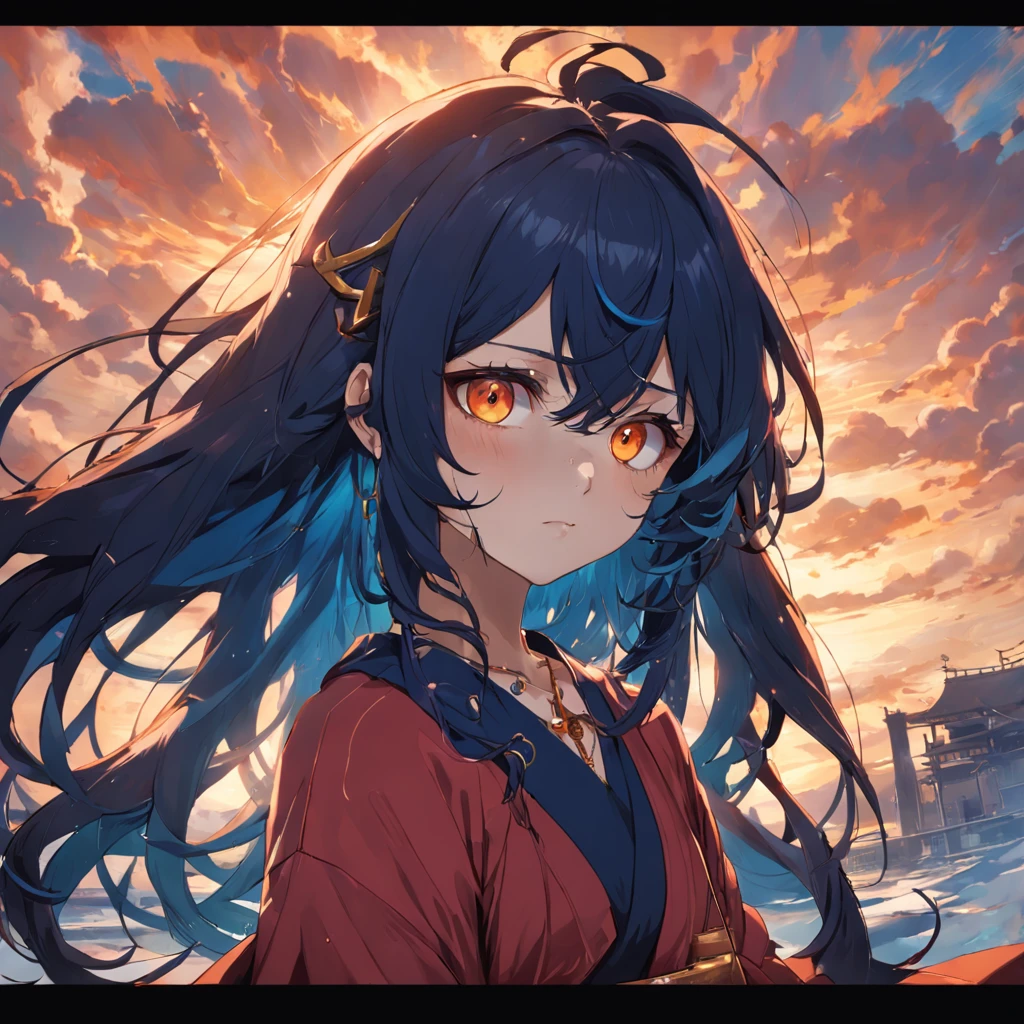 Male golden eyes,Long dark blue curly hair,cross necklace,Sweaters,耳Nipple Ring,red tattoo,the setting sun,Roof,Torii tear mole