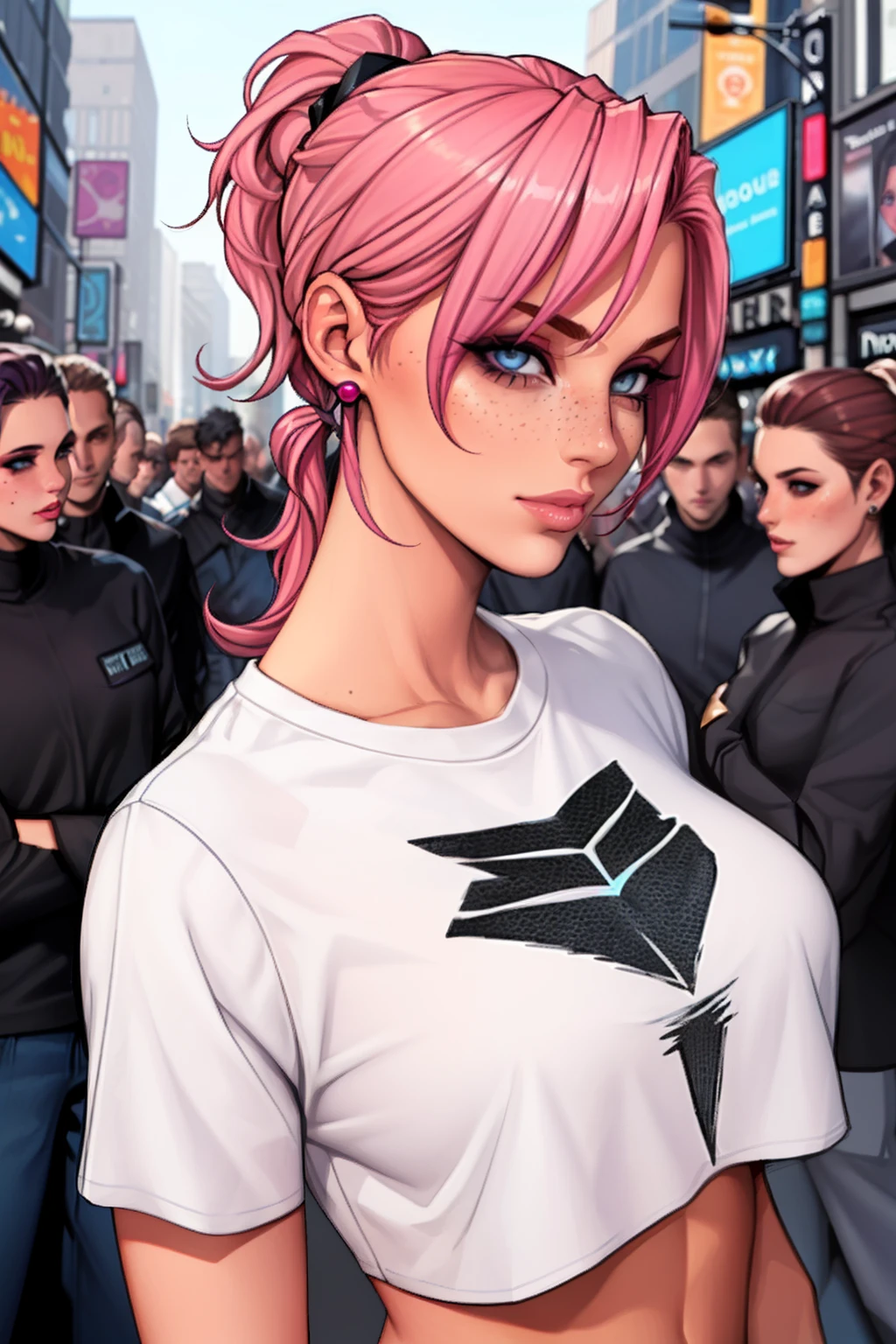 Close up of an adult supermodel woman face, at a busy cluttered (crowded city street) background, detailed background, daytime, pale blue eyes, detailed short burnt pink hair with ponytail, shaved sides haircut, freckles, blushing, (smouldering pouting expression), single eyebrow raised, eye shadow, black lipstick, pierced eyebrow, (big tits), wearing a (loose (graphic tshirt) crop top), detailed cloth folds, looking to the side, comic book style, flat colors, intricate comic book outline linework, sexy angular superheroine face