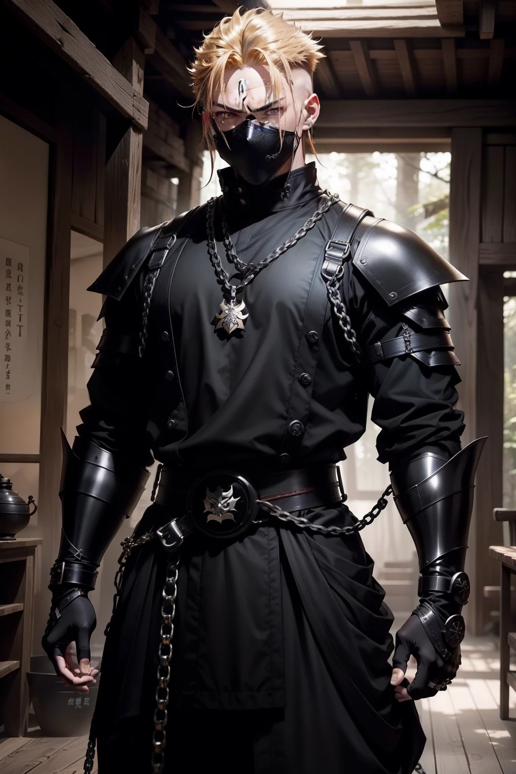 masutepiece、超A high resolution、Powerful images、8K、scene inside forest、eighteen-year-old boy　Golden hair color、shaved head to the side、macho、Black ninja costume、chain mail、Niō Standing、Angry look、Wearing a white haori、