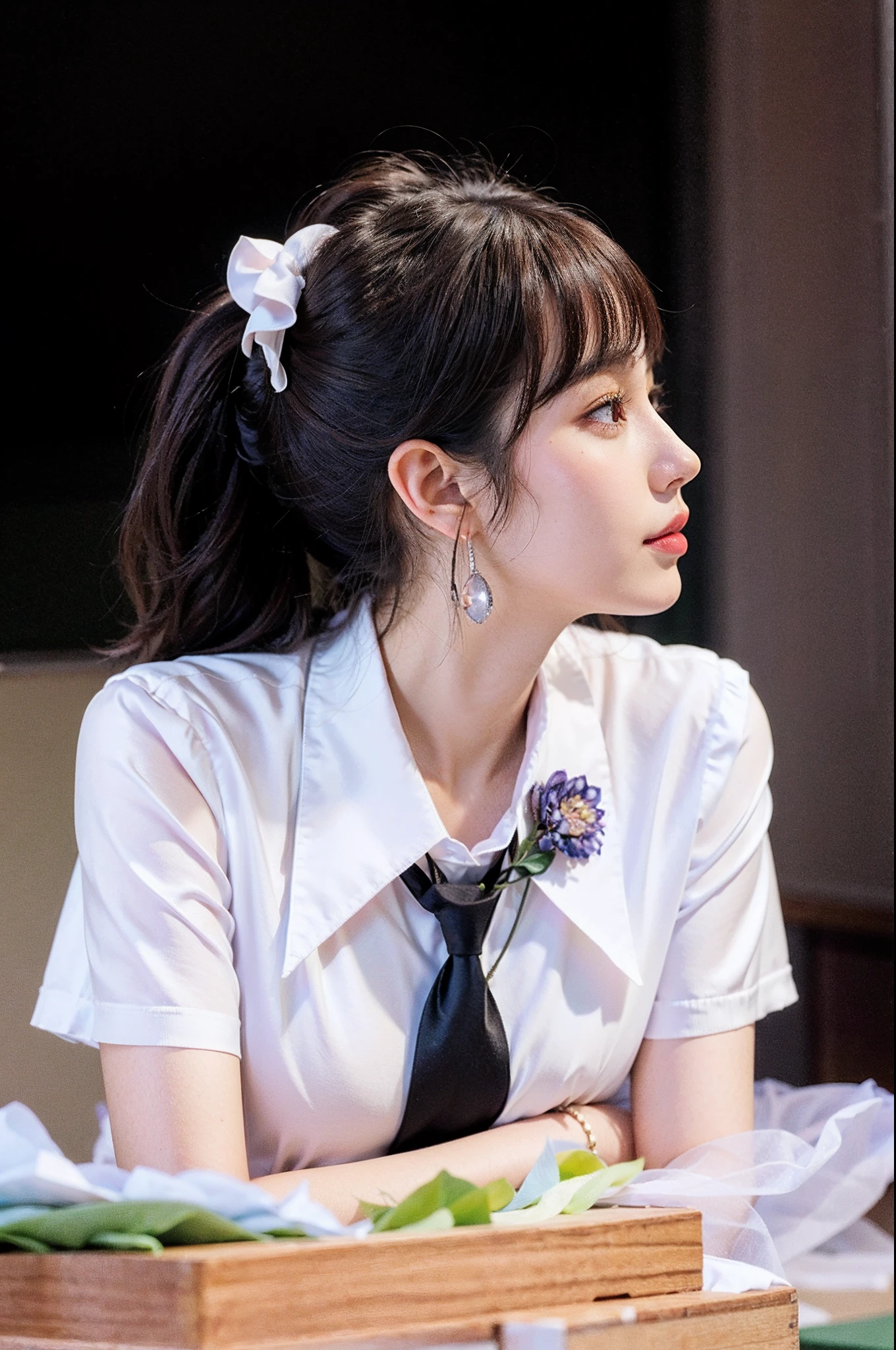(((Medium hair))), best qualtiy, 8K, hdr, A high resolution, absurderes:1.2, blur backgroun, Background bokeh:1.2, photography of, (RAW photo:1.2), (真实感:1.4), (Masterpiece:1.3), (complexdetails:1.2), 1girll, 独奏, japanaese girl, delicated, Beautiful detailed, (Delicate double eyelids), (Detailed facial features), Bigboobs, (((Large breasts))), Skin Firm, (Looking_at_peeping at the viewer), From_Front, （being thin），（best qualtiy：1.4），（超A high resolution：1.2），cinematic lighitnglamplight，（Extremely detailed illustration），（Gloss on lips，best qualtiy，超A high resolution，depth of fields，Caustics，Extensive illumination，naturalshadow，85mm， f/1.4, iso 200, 1/160s:0.75),1girll, Solo, (((Silk vest))) Smile, ((silk garment,pleatedskirt,‎Classroom))