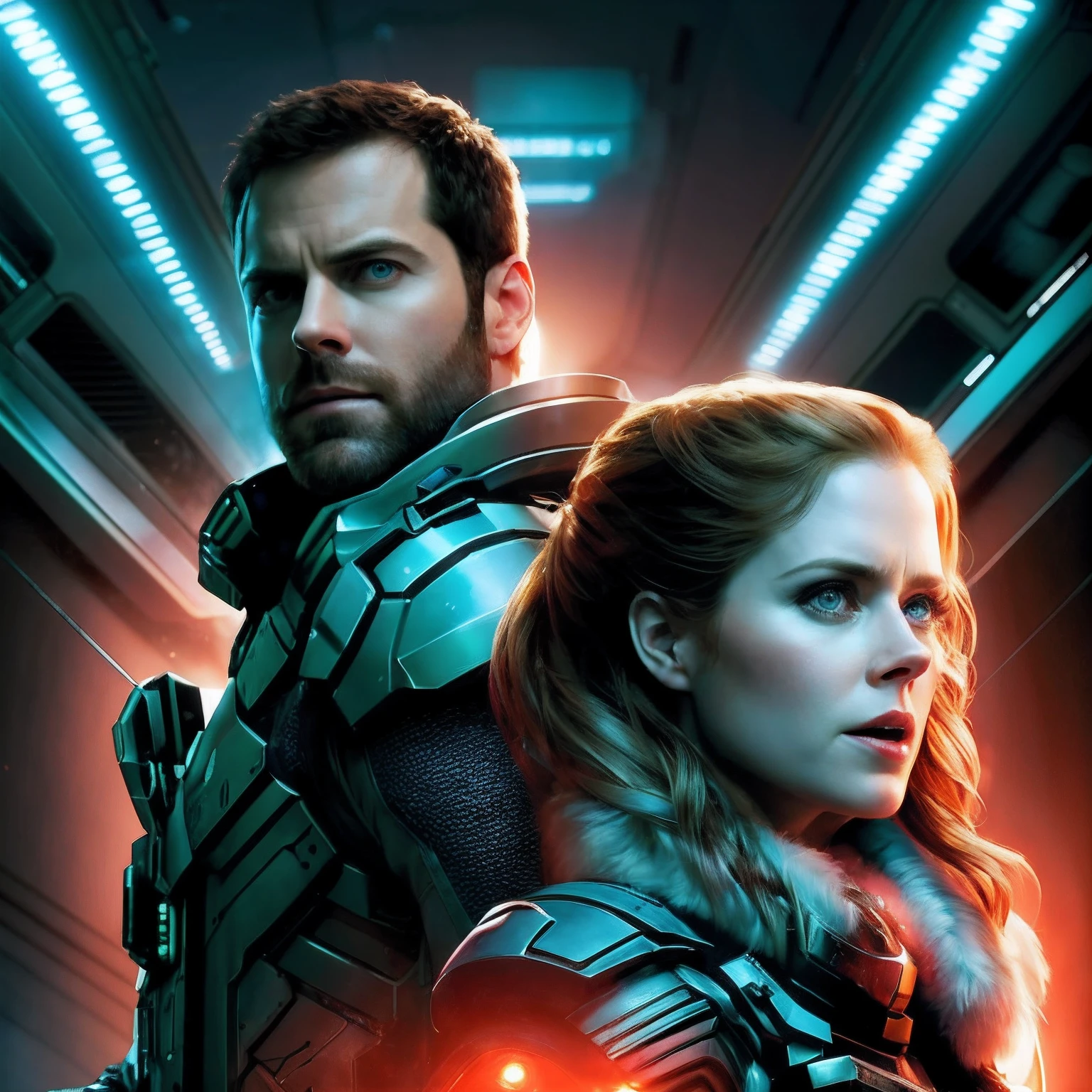 Hot terrified Amy Adams and David giuntoli on Ishimura Horror Space Ship photography, natural light, photorealism, cinematic rendering, ray tracing, the highest quality, the highest detail, Cinematic, Third-Person View, Blur Effect, Long Exposure, 8K, Ultra-HD, Natural Lighting, Moody Lighting, Cinematic Lighting