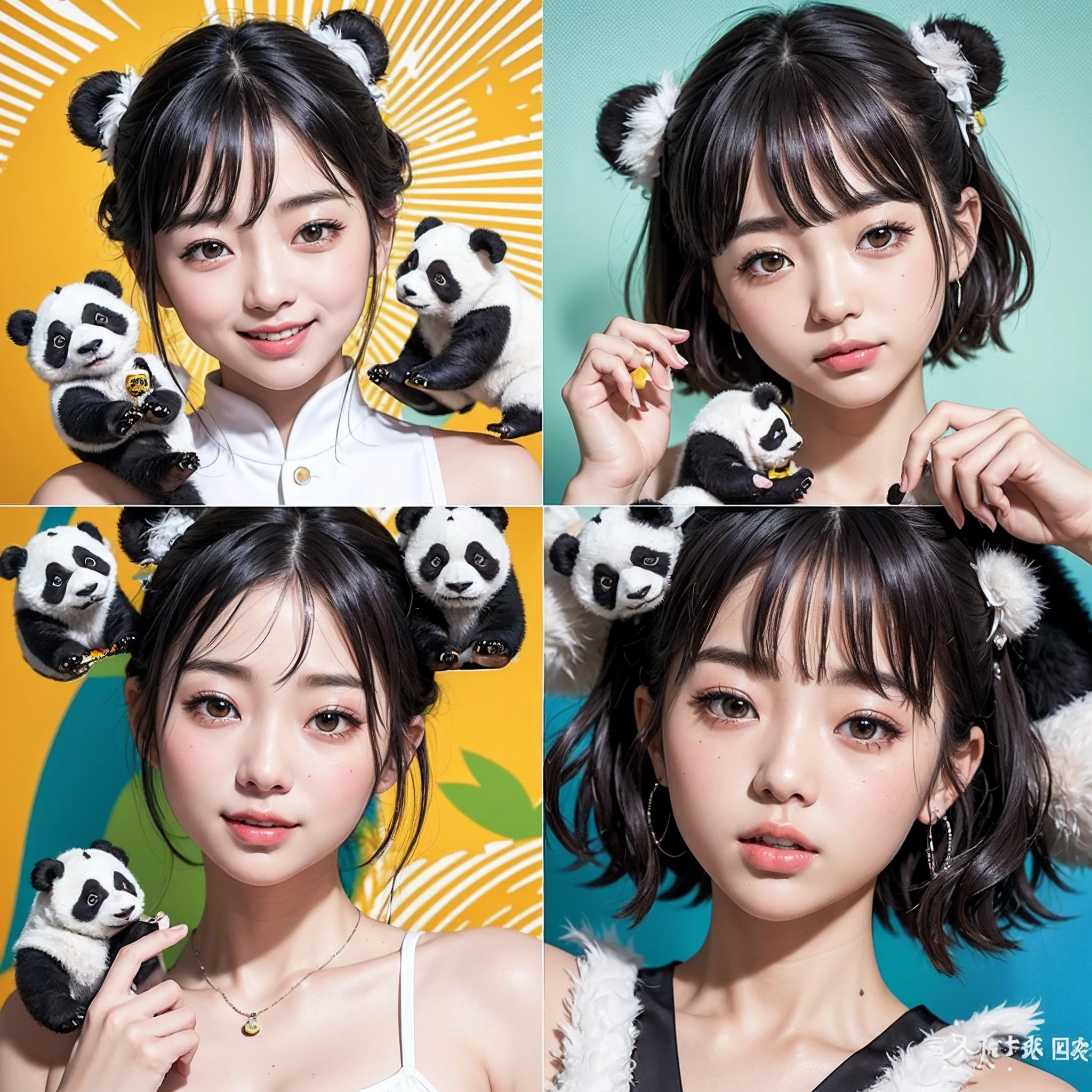 (8K、RAW Photos、top-quality、masterpiece:1.5)、(realisitic、Photorealsitic:1.5)、ultra-detailliert、超A high resolution、lighting like a movie、(((Idols who love pandas)))、(((Japan 16 year old girls)))、(((Wearing cute costumes with panda motifs)))、(Lots of pandas:1.5)、cute smile face、Happy and energetic atmosphere、dynamic ungle、动态照明