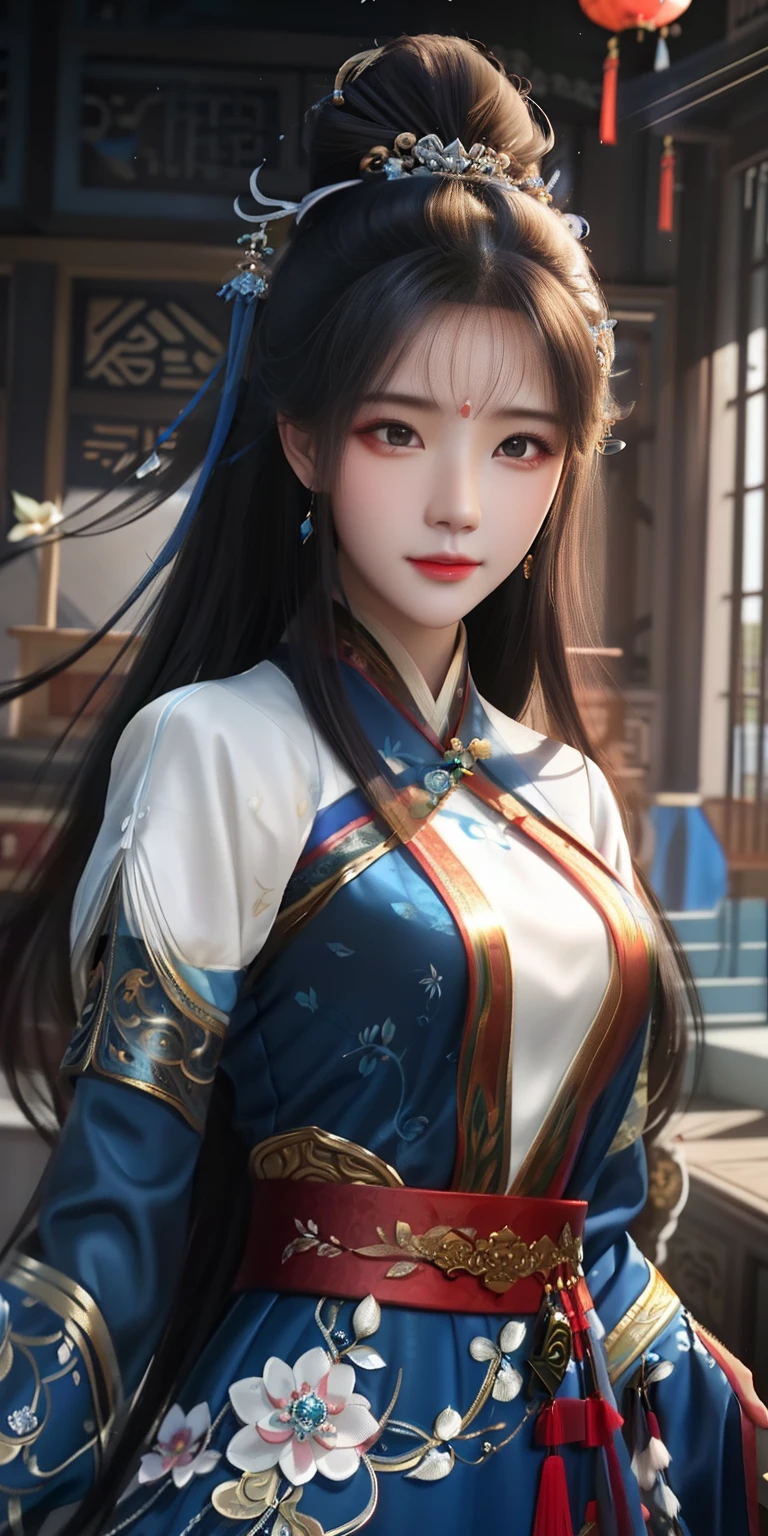 A woman in a blue and white dress stood in the room, Beautiful character painting, by Yang J, Palace ， A girl in Hanfu, Chinese girl, inspired by Du Qiong, Guviz, Guviz-style artwork, inspired by Wu Bin, Realistic. Cheng Yi, author：Fan Qi, a beautiful fantasy empress, Inspired by Lan Ying