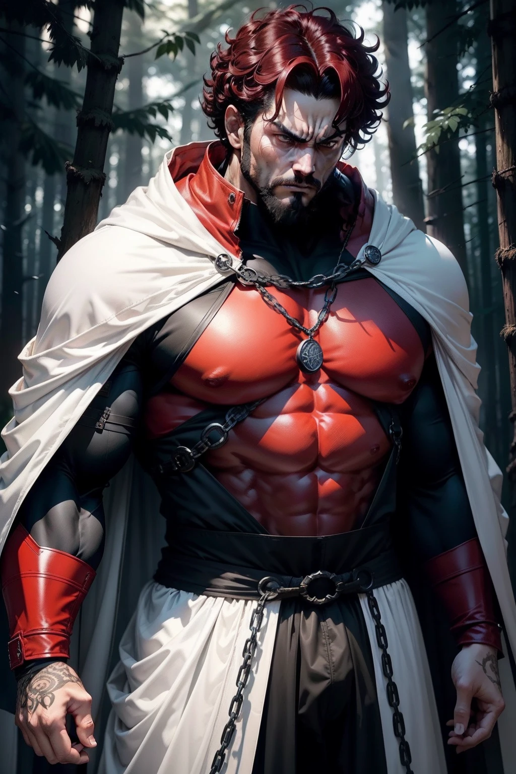 masutepiece、超A high resolution、Powerful images、8K、scene inside forest、35 year old big man、macho figure、Red mesh on black hair、Short Bob、Curly hair、Blue Ninja Costume、chain mail、Niō Standing、Angry look、Wearing a white cloak、