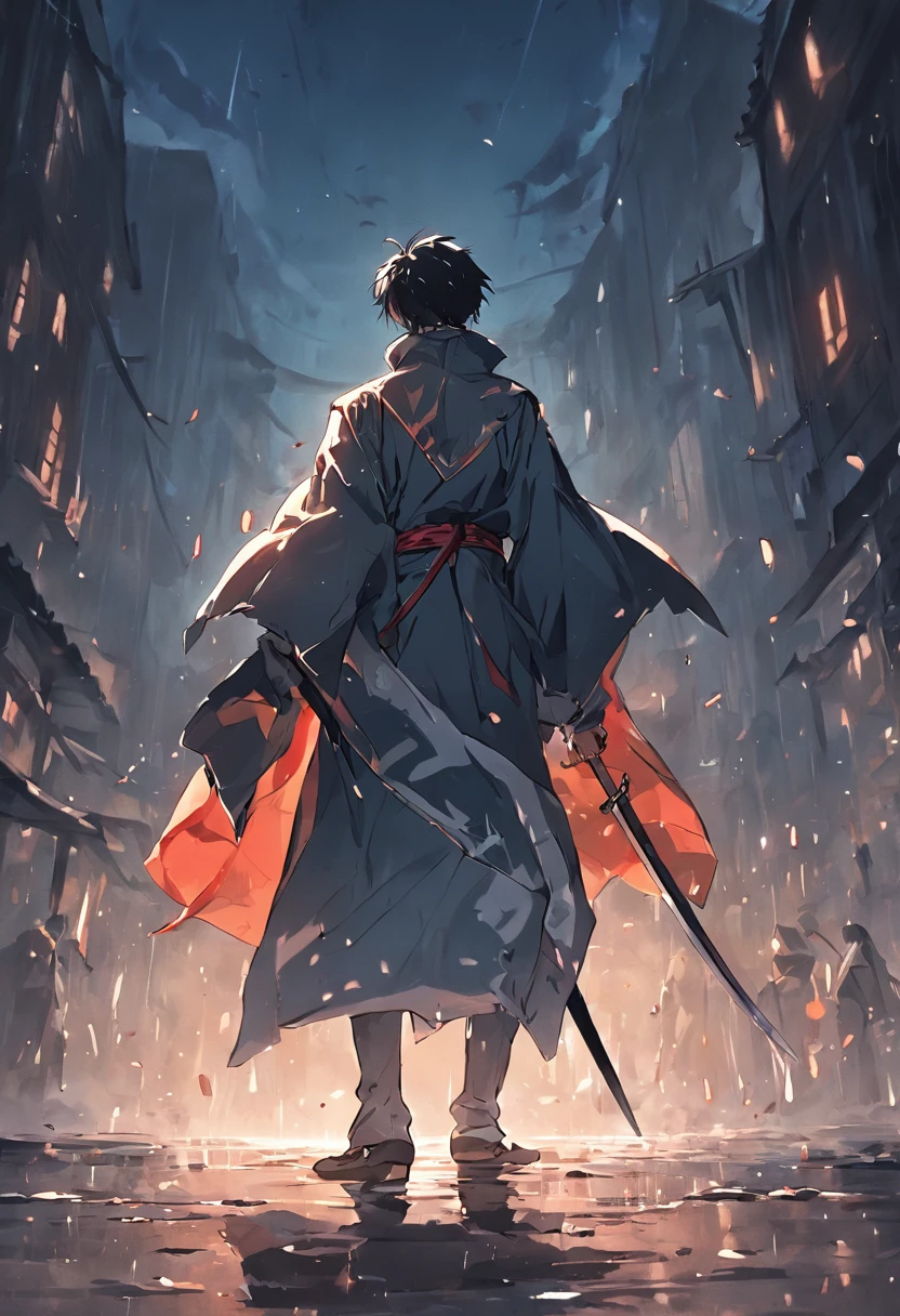 The back of a male swordsman on the stone road of the capital on a rainy night in ancient costume