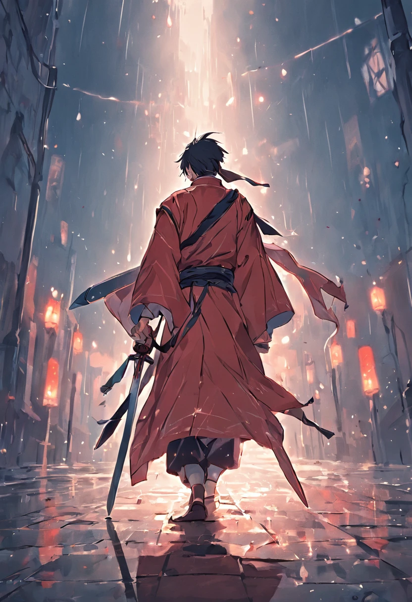 The back of a male swordsman on the stone road of the capital on a rainy night in ancient costume