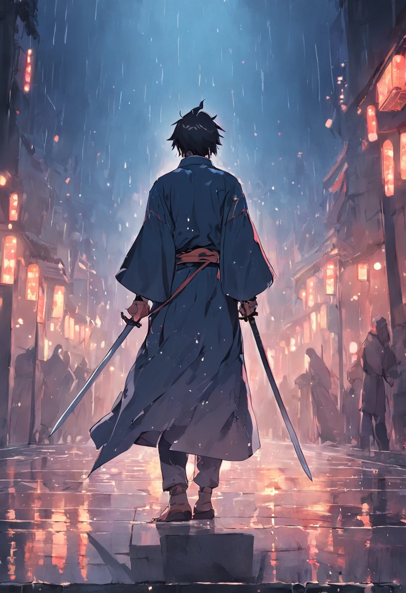 The back of a male swordsman on the stone road of the capital on a rainy night in ancient costume