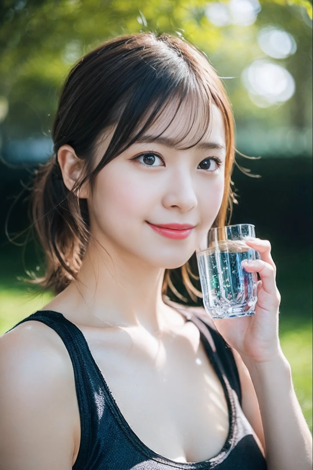 Girl running in the park,(((Drink bottled water))),Large grains of sweat,(Expressed with a glossy iridescent metallic luster、Bright sports bra and leggings.:1.3).Glossy light brown and orange striped shorthair,disheveled ponytail,Swaying breasts、Lovely woman,Perfect round face,A cheerful smile that makes the viewer happy,Proper body proportion,masutepiece,Super high-quality output images,hight resolution,Intricate details,Very delicate and beautiful hair,photographrealistic,Dreamy,Professional Lighting,realistic shadow,Solo Focus,Beautiful hands,Beautiful fingers,Detailed finger features,detailed clothes features,Detailed hair features,detailed facial features,