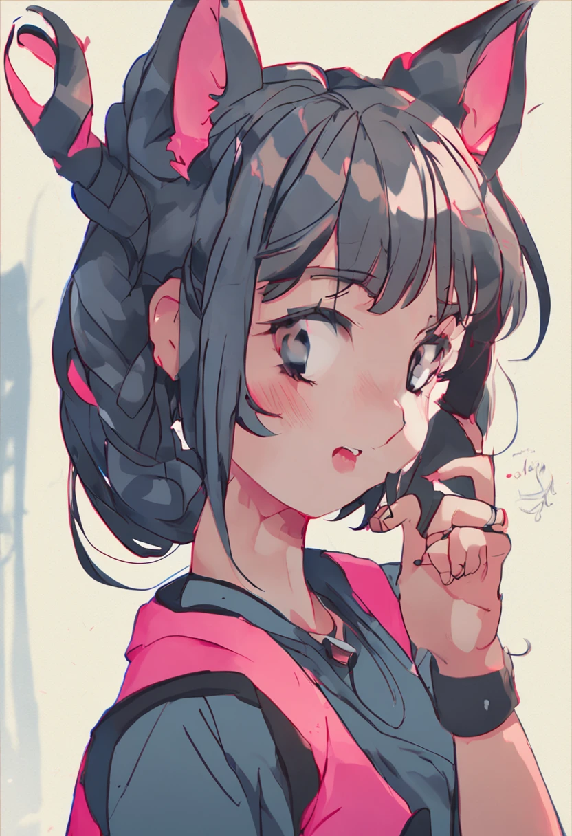 black hair, hair bobbles, solid circle eyes, fake animal ears, ear blush, drop shadow, anaglyph, tachi-e, pov, 8k, super detail, ccurate