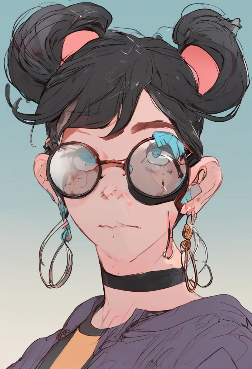 black hair, hair bobbles, solid circle eyes, fake animal ears, ear blush, drop shadow, anaglyph, tachi-e, pov, 8k, super detail, ccurate