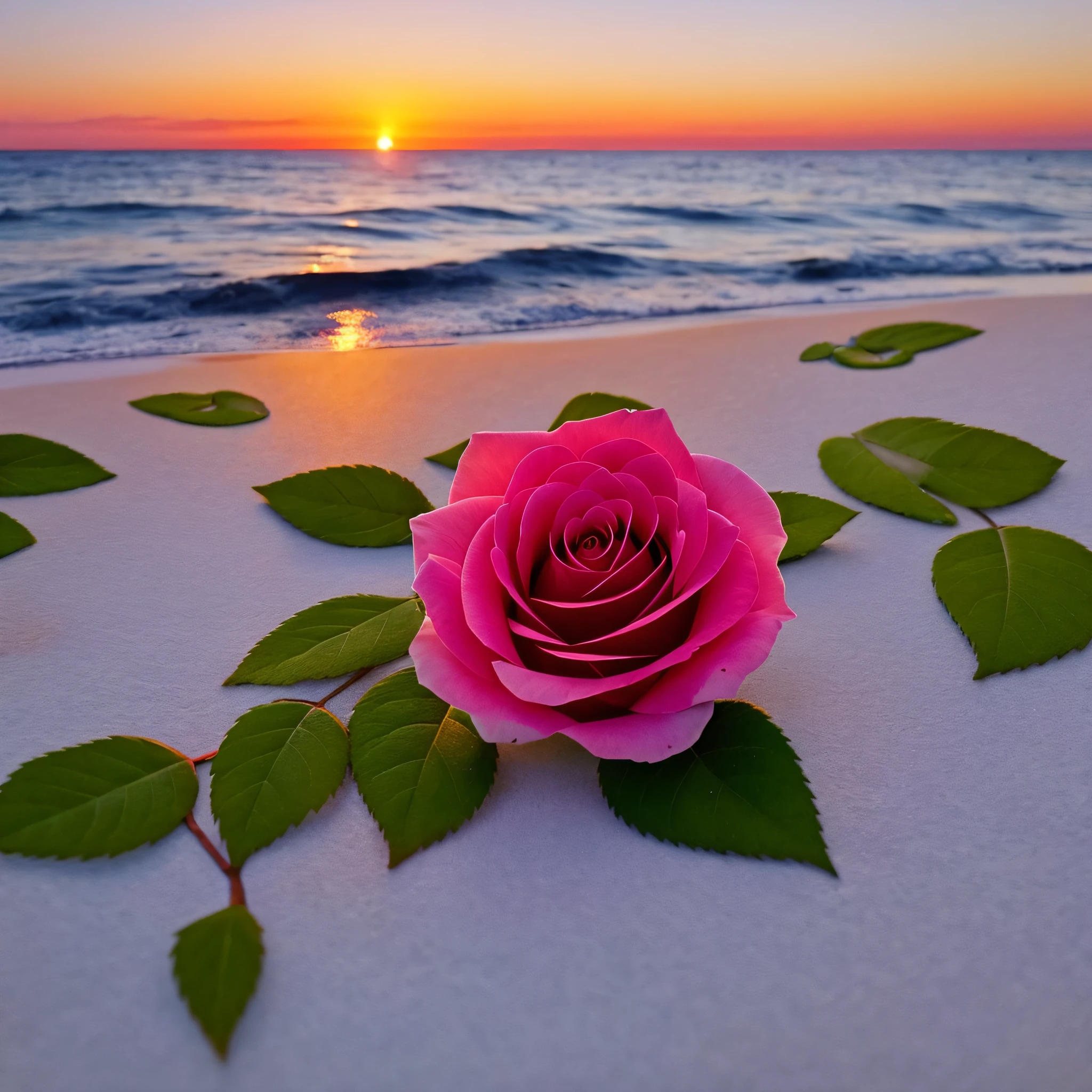 Close-up shot, a rose flower, the background is the gorgeous sunset by the sea, real texture, warm