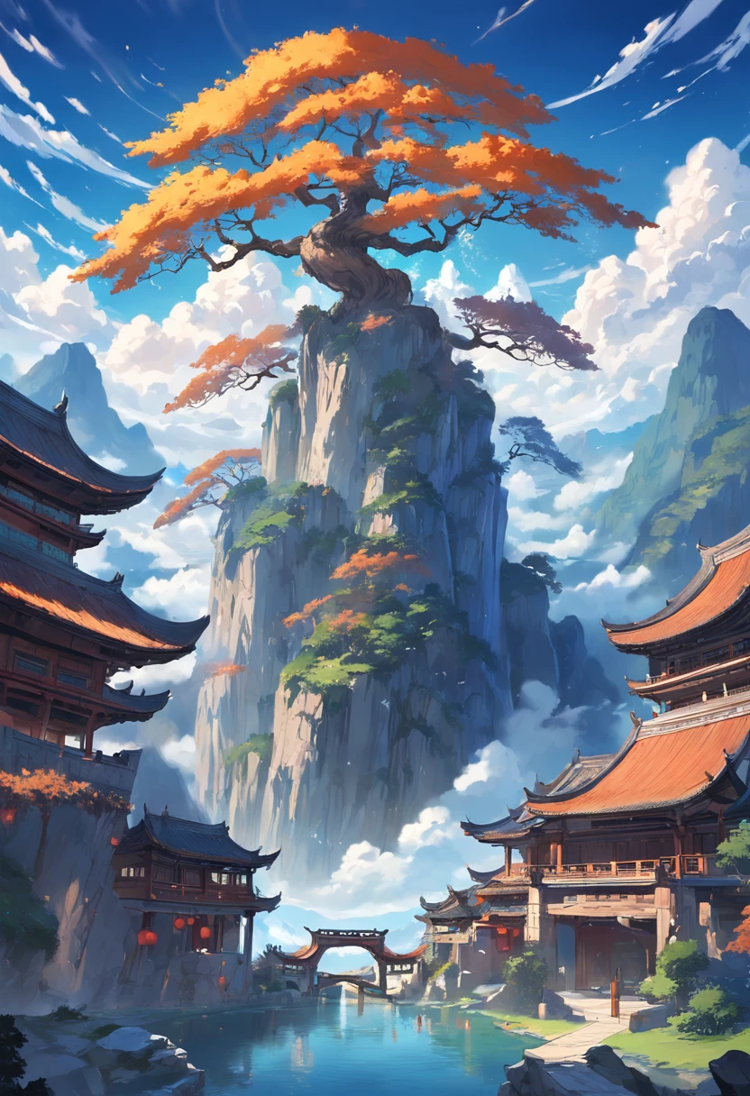 Henggu Continent,Eternal mountain view,Fairy-like,Auspicious clouds flutter,White clouds,Blue water sparkles,The mountains are undulating,Ancient trees,Exotic flowers,Beautiful scenery。Magnificent square in the valley