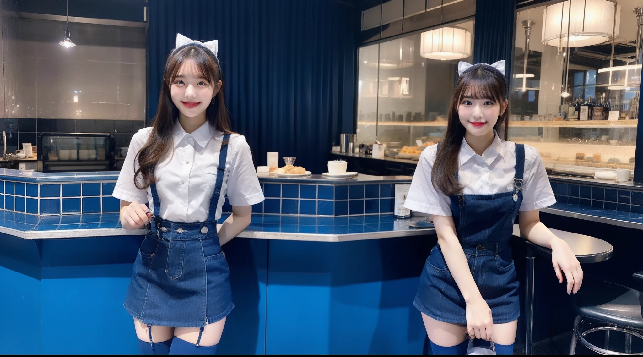 20-year-old waitress in blue miniskirt