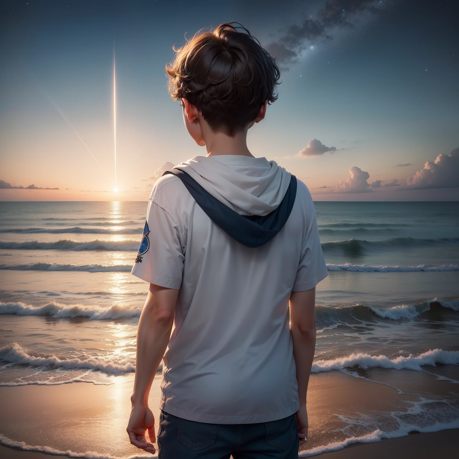 Create an image that represents the Star of Hope shining softly in the boy’s heart as he faces a new day full of possibilities. He must be looking at the horizon with determination, ready to embrace the continuous journey of self-discovery